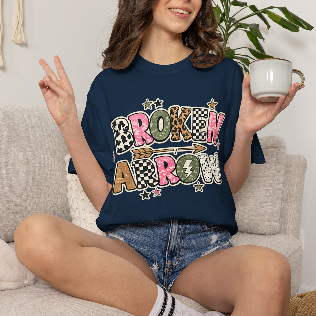 Broken Arrow Graphic T‑Shirt — Retro Patchwork Lettering Tee