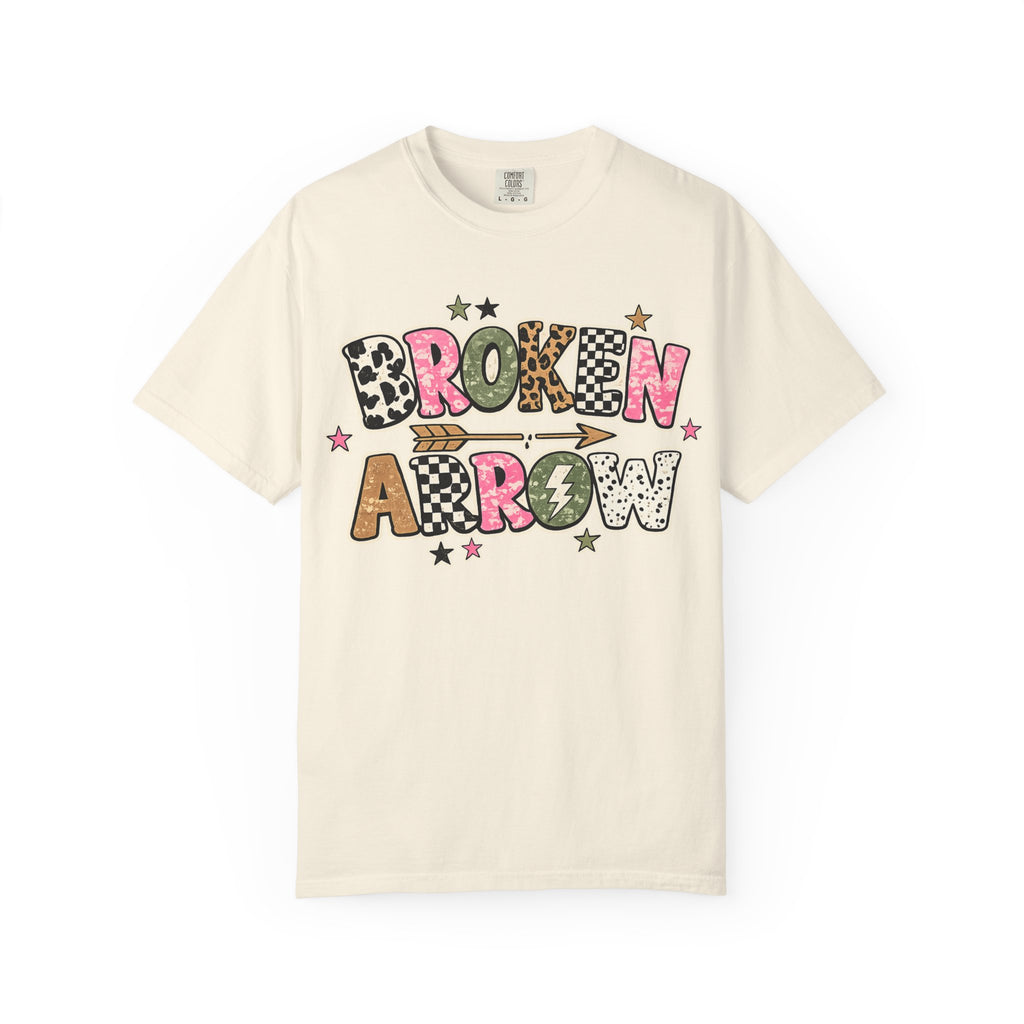 Broken Arrow Graphic T‑Shirt — Retro Patchwork Lettering Tee
