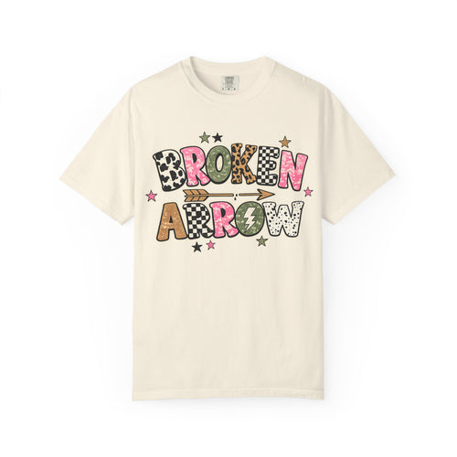 Broken Arrow Graphic T‑Shirt — Retro Patchwork Lettering Tee
