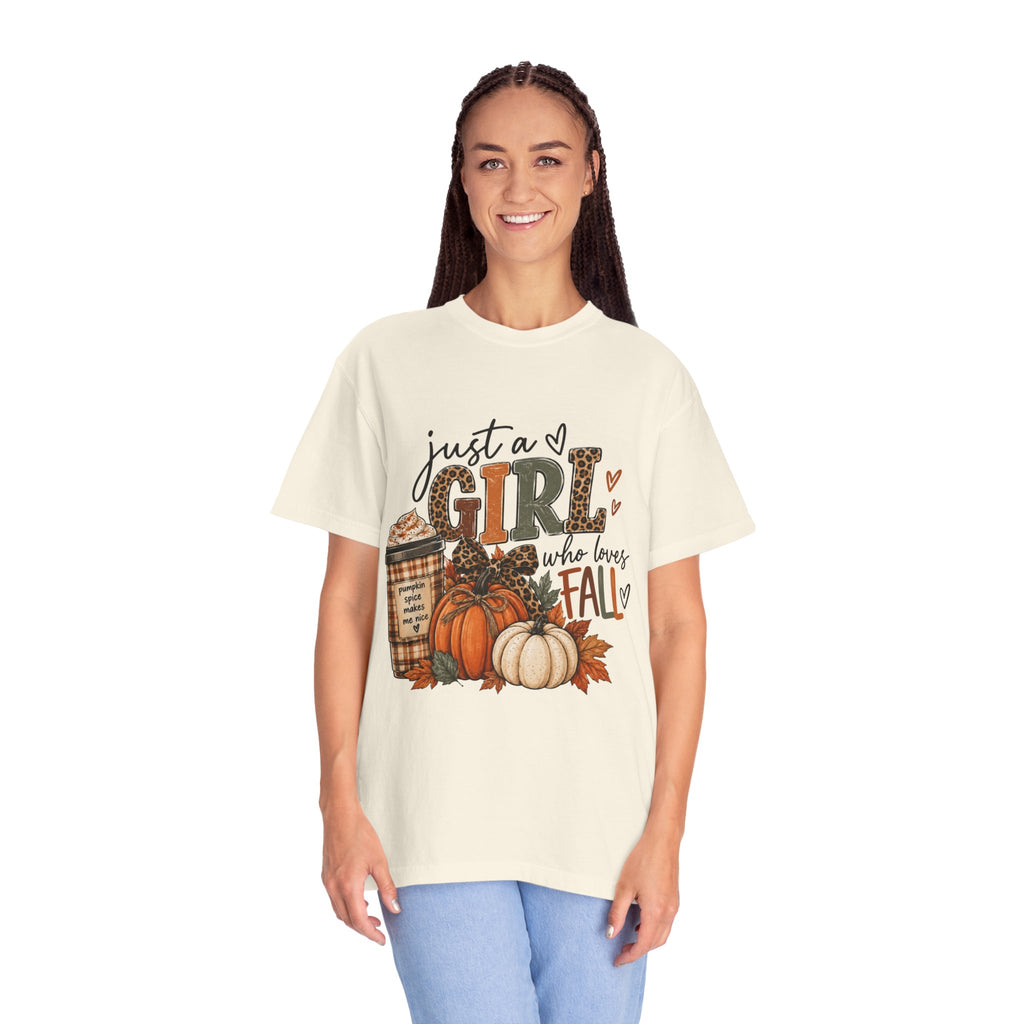 Fall Graphic T-Shirt — "Just a Girl Who Loves Fall" Pumpkin & Coffee Tee