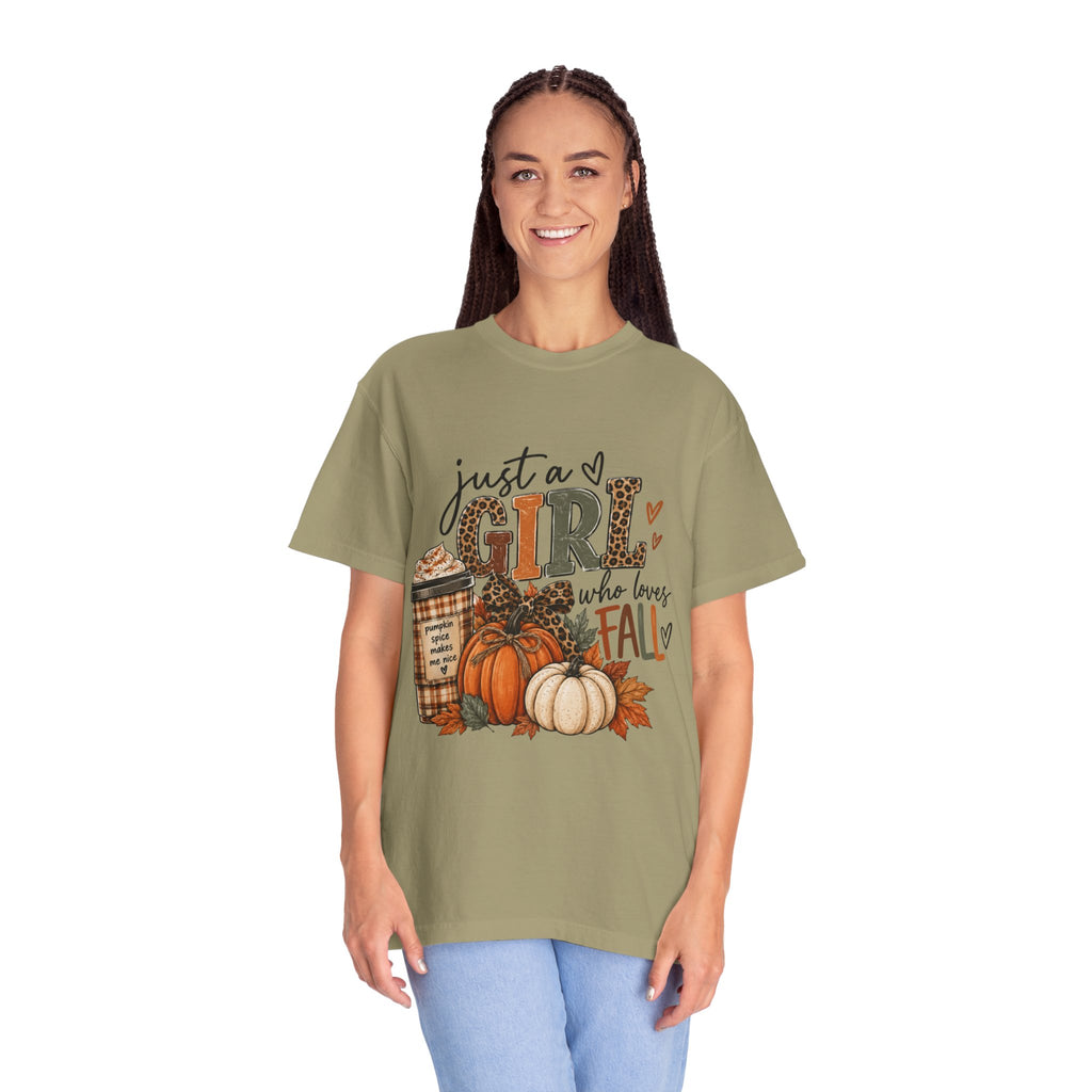 Fall Graphic T-Shirt — "Just a Girl Who Loves Fall" Pumpkin & Coffee Tee