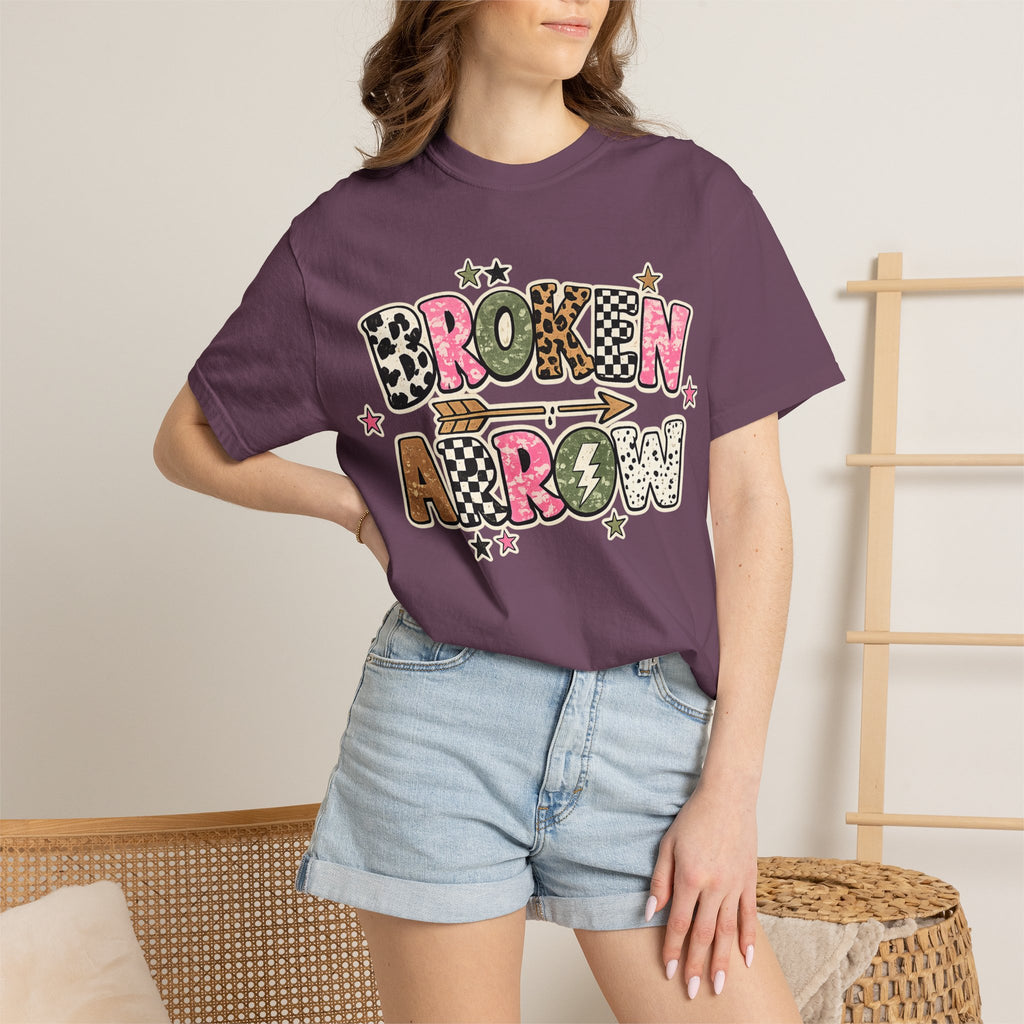 Broken Arrow Graphic T‑Shirt — Retro Patchwork Lettering Tee
