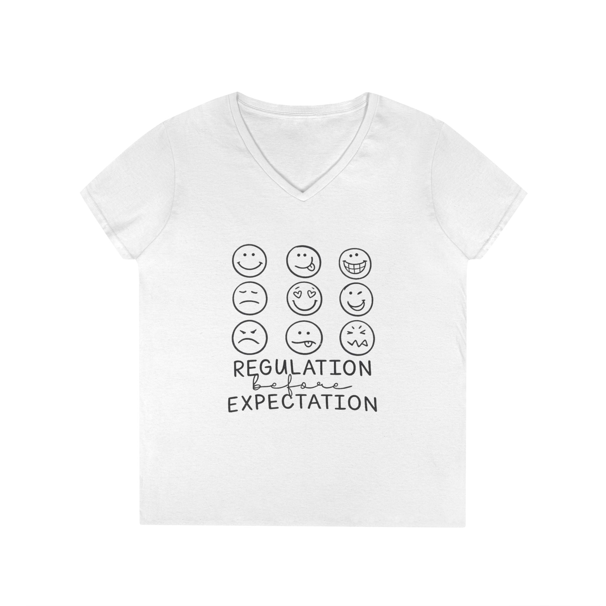 Emotion Faces V-Neck T-Shirt — "Regulation Not Expectation" Mental Health Tee