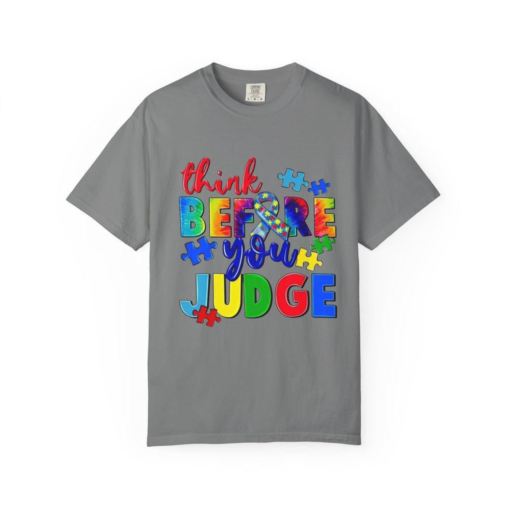 Think Before You Judge T-Shirt — Colorful Puzzle Autism Awareness Tee