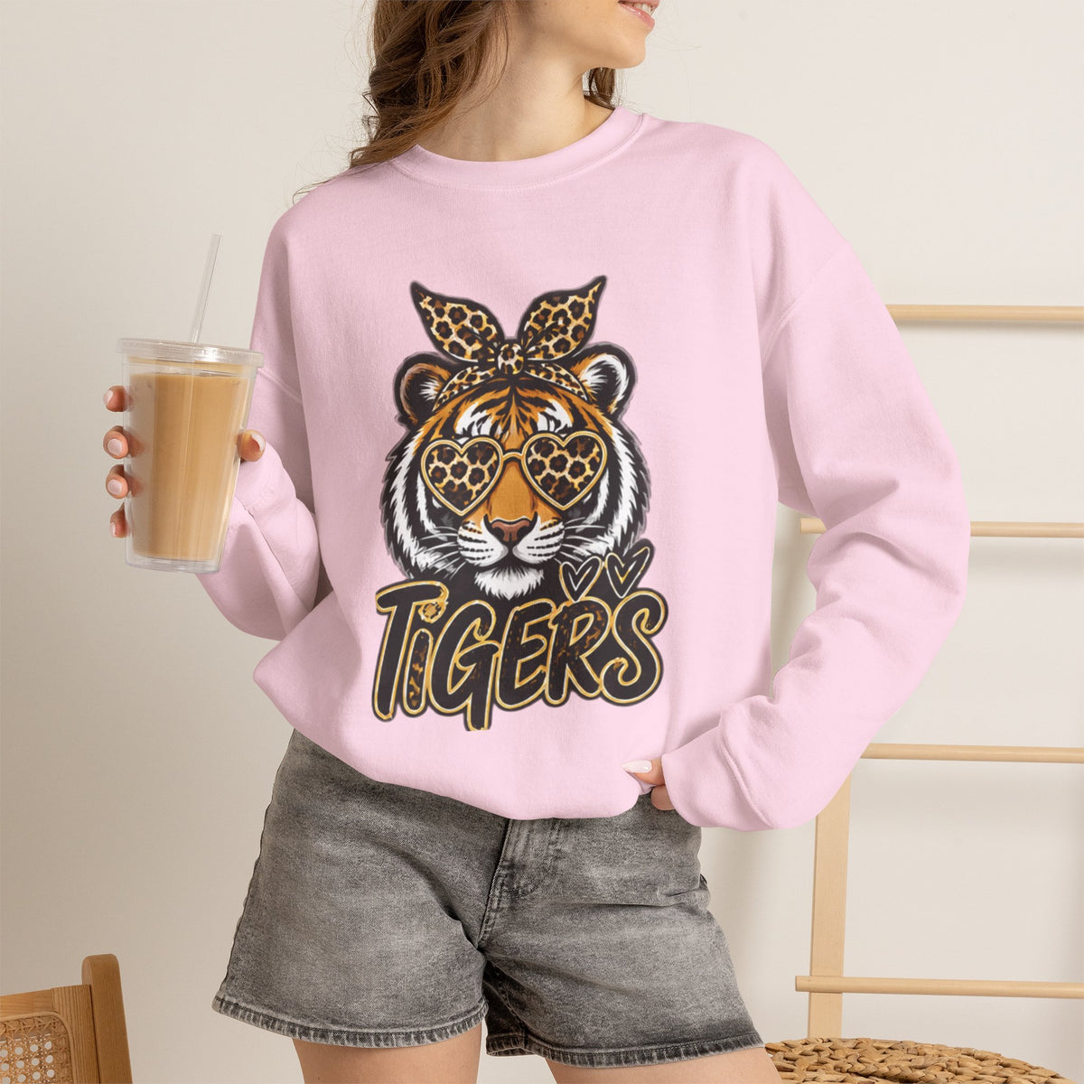 Tiger Mascot Crewneck Sweatshirt — Leopard Bandana Tiger Graphic