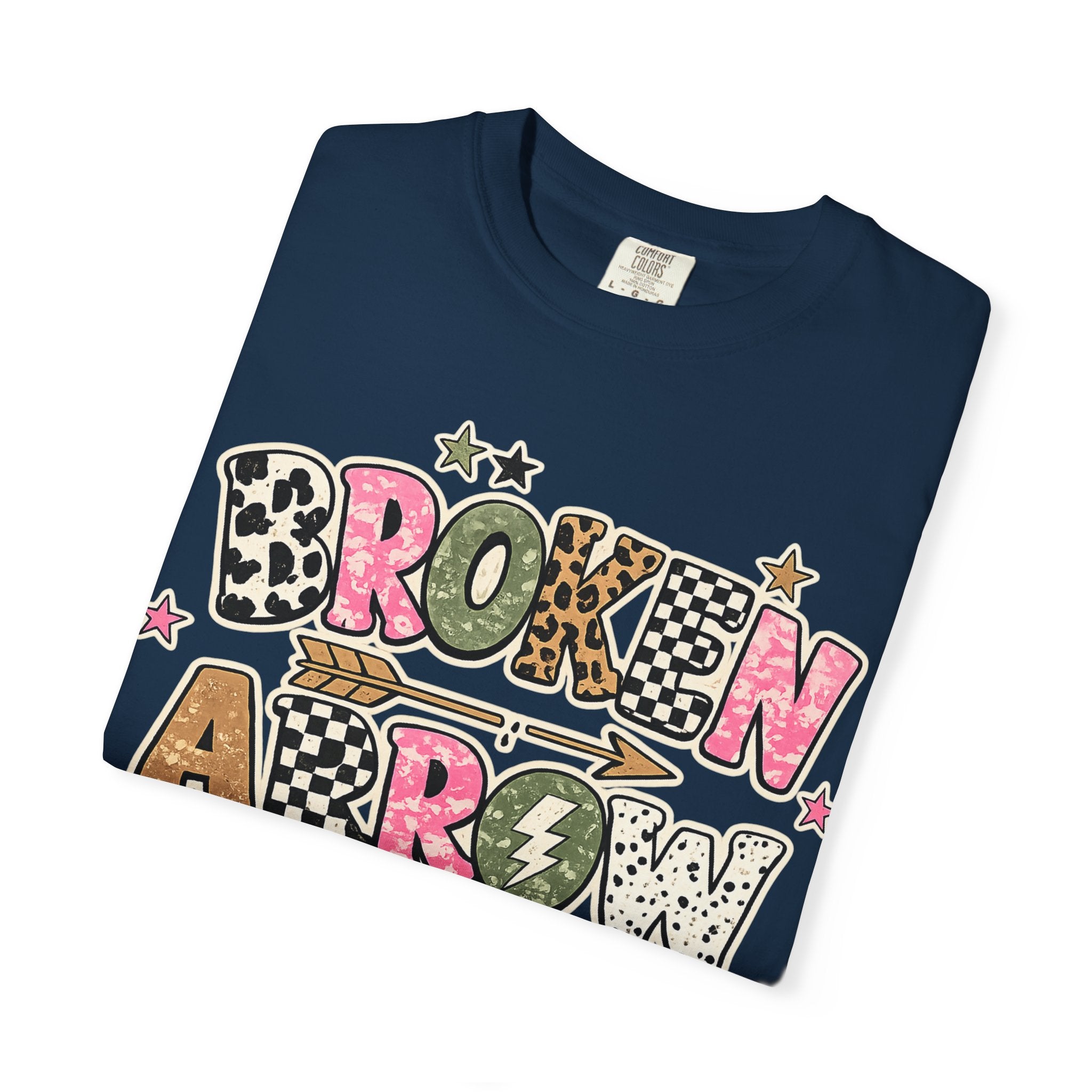 Broken Arrow Graphic T‑Shirt — Retro Patchwork Lettering Tee