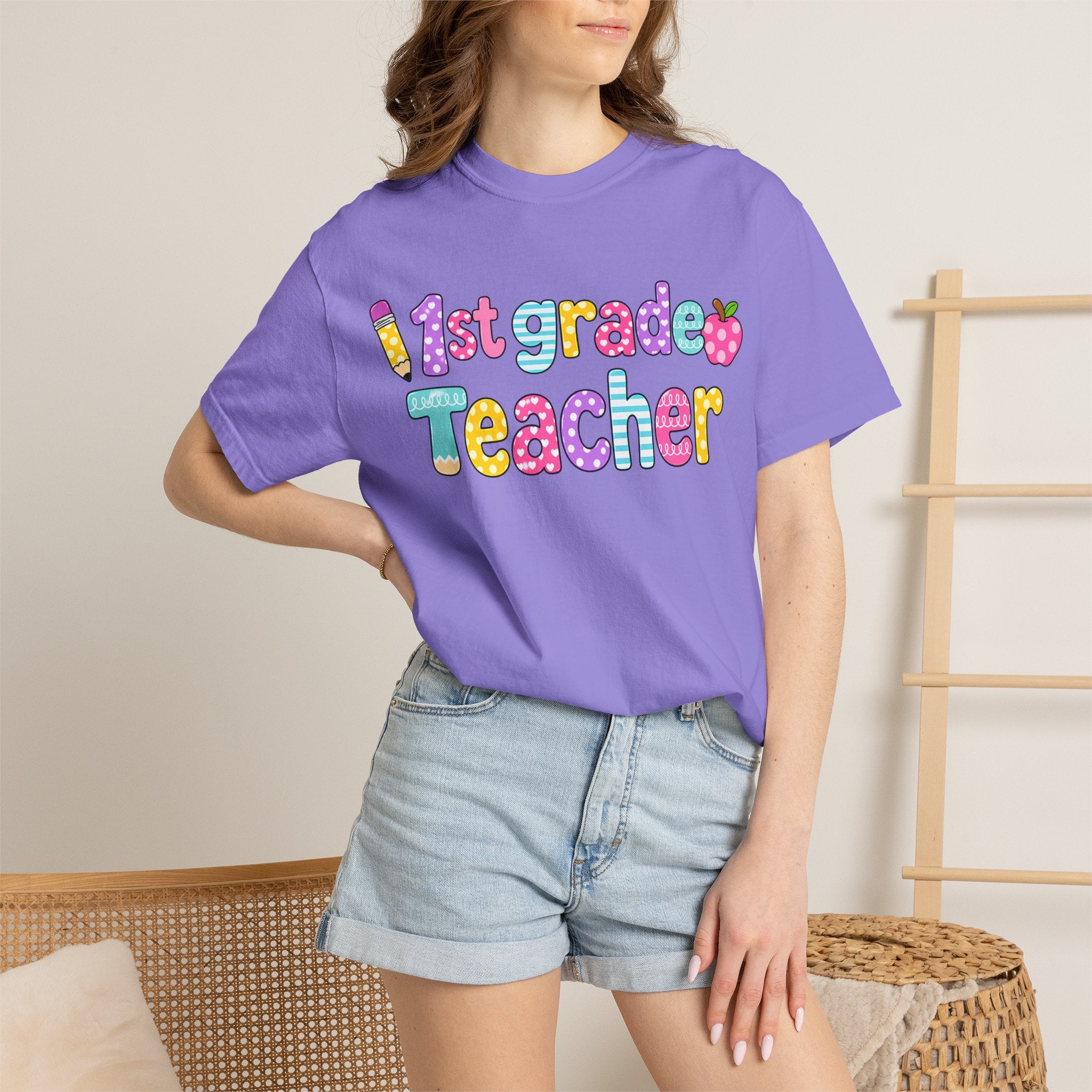 1st Grade Teacher T-Shirt — "Big Hearts Shape Little Minds" Colorful School Teacher Tee