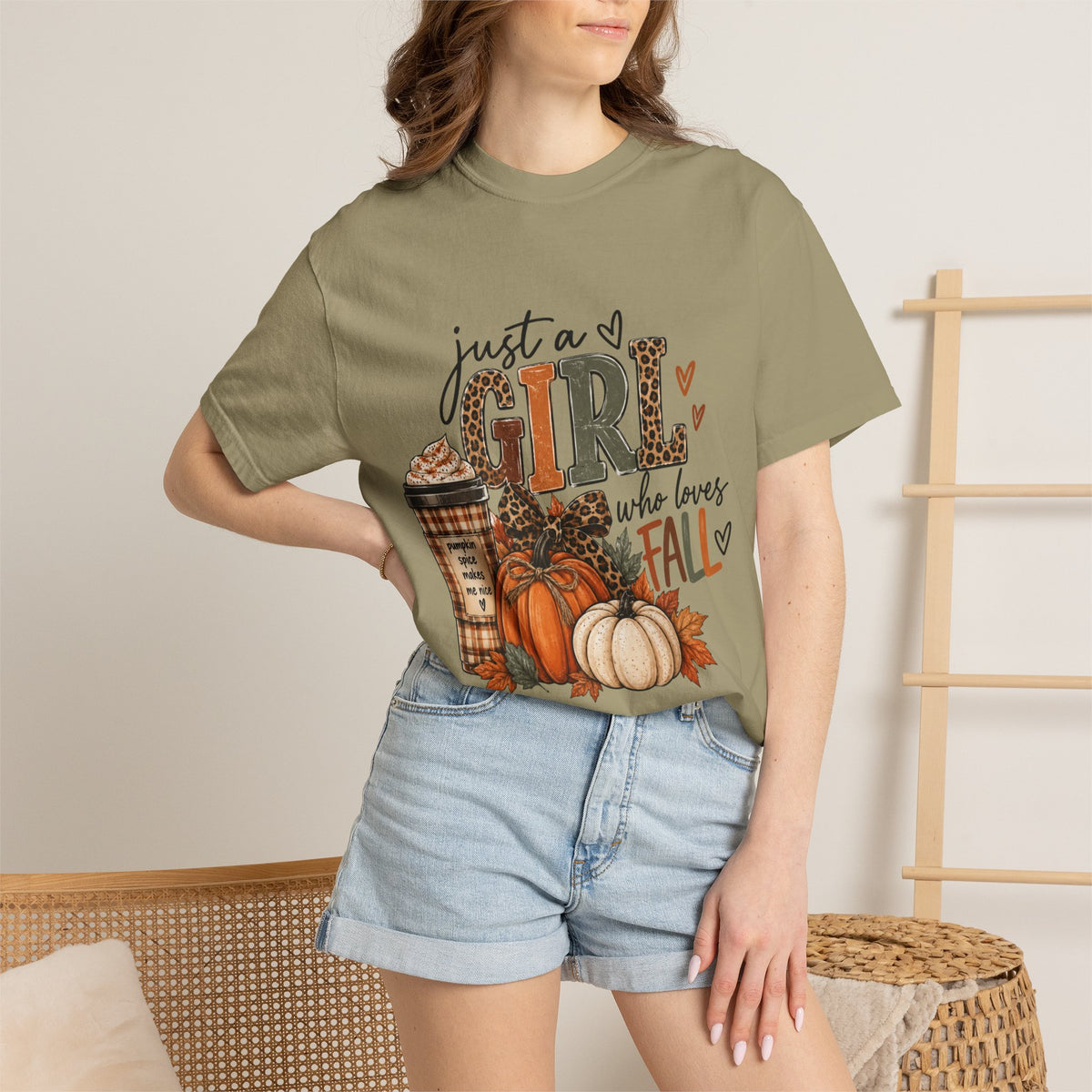 Fall Graphic T-Shirt — "Just a Girl Who Loves Fall" Pumpkin & Coffee Tee