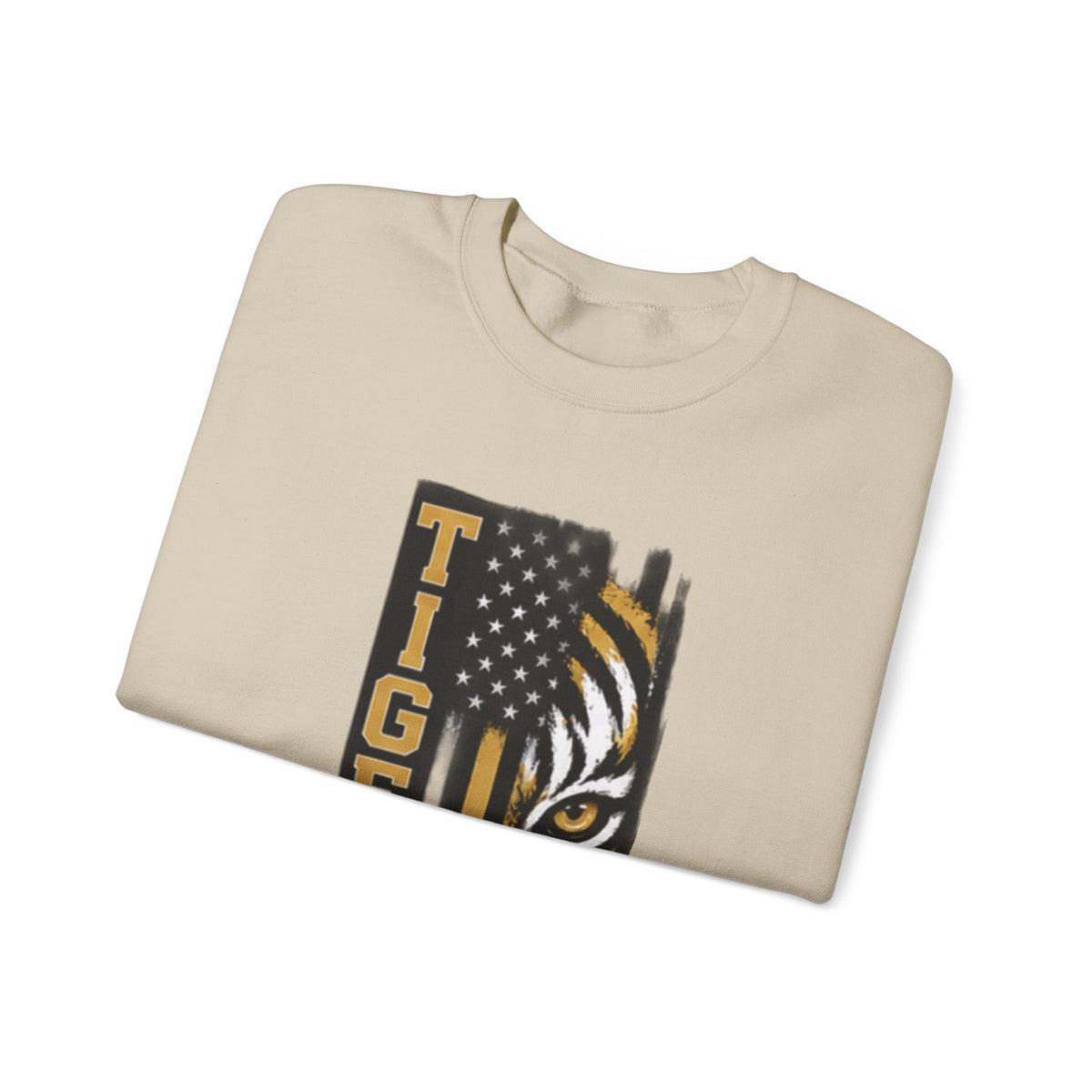 Tigers Crewneck Sweatshirt – Tiger Face with American Flag Stripe Graphic