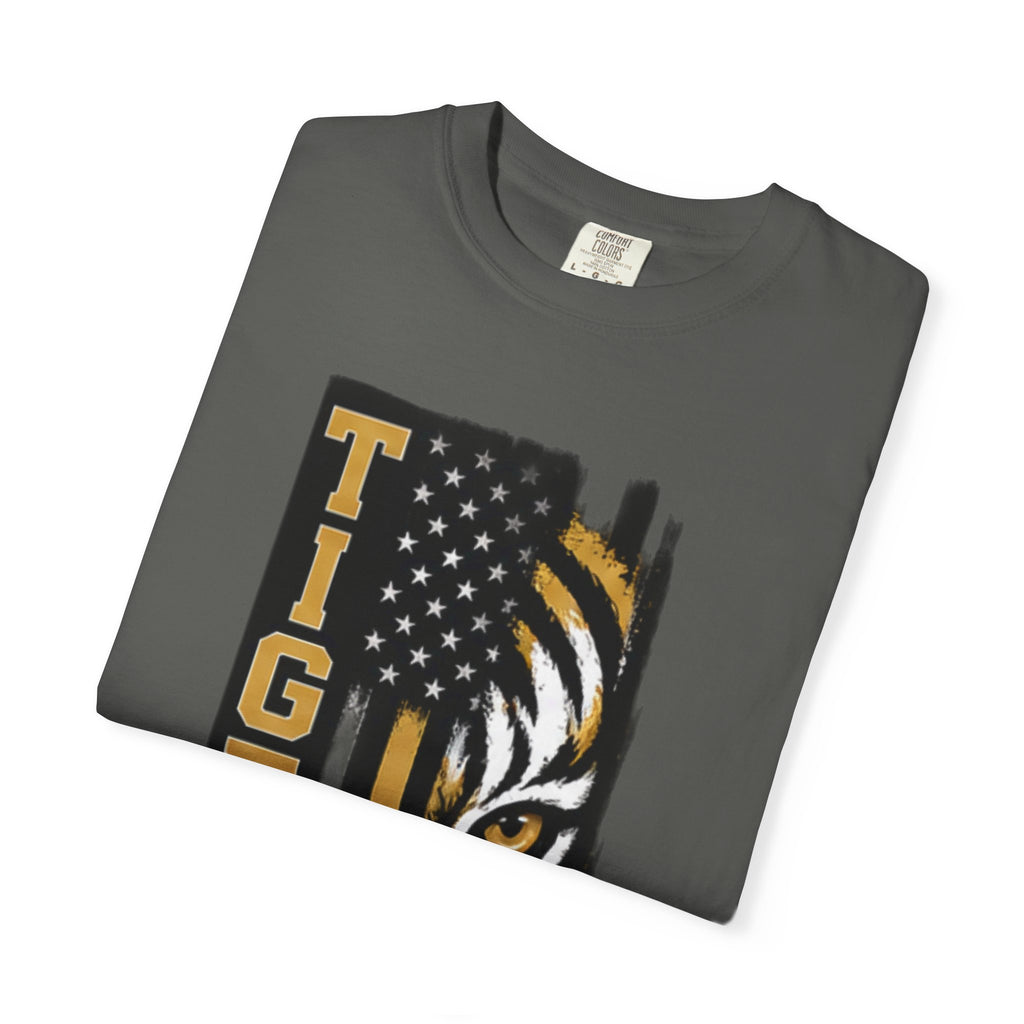 Tigers Flag T‑Shirt — Tiger Face with American Flag Stripe Graphic