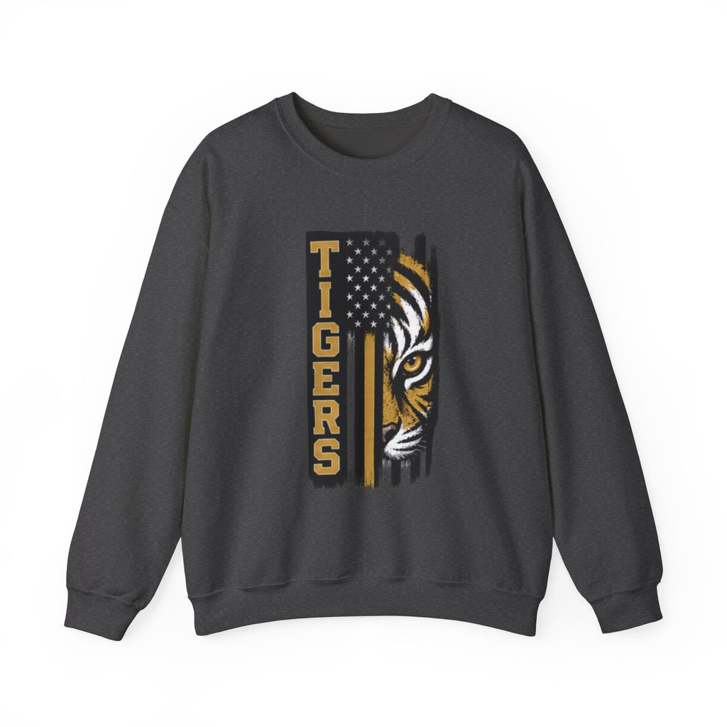 Tigers Crewneck Sweatshirt – Tiger Face with American Flag Stripe Graphic