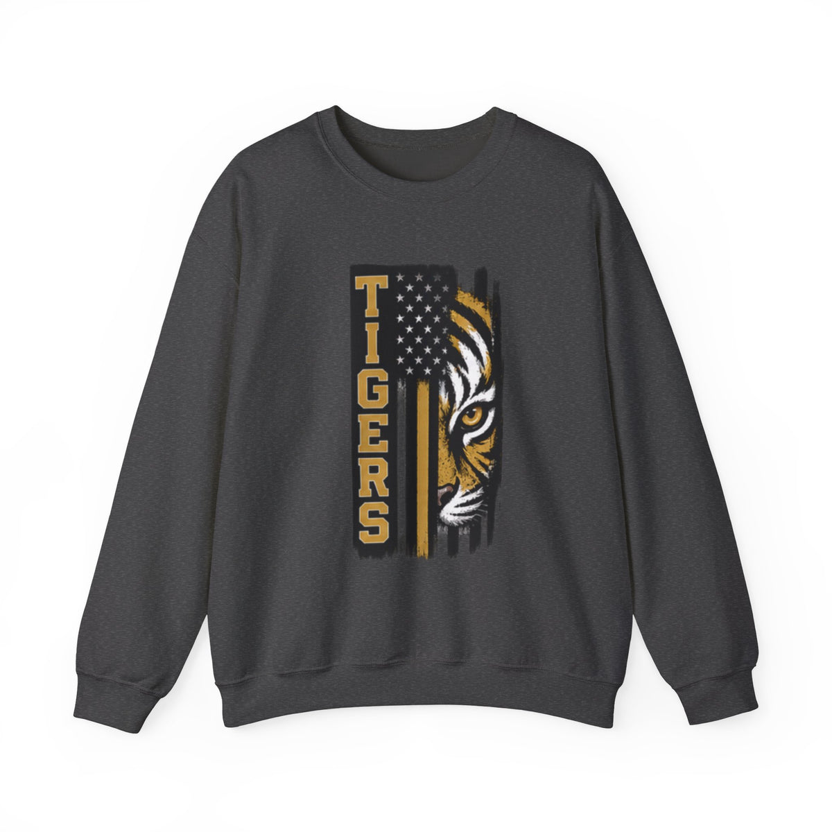 Tigers Crewneck Sweatshirt – Tiger Face with American Flag Stripe Graphic