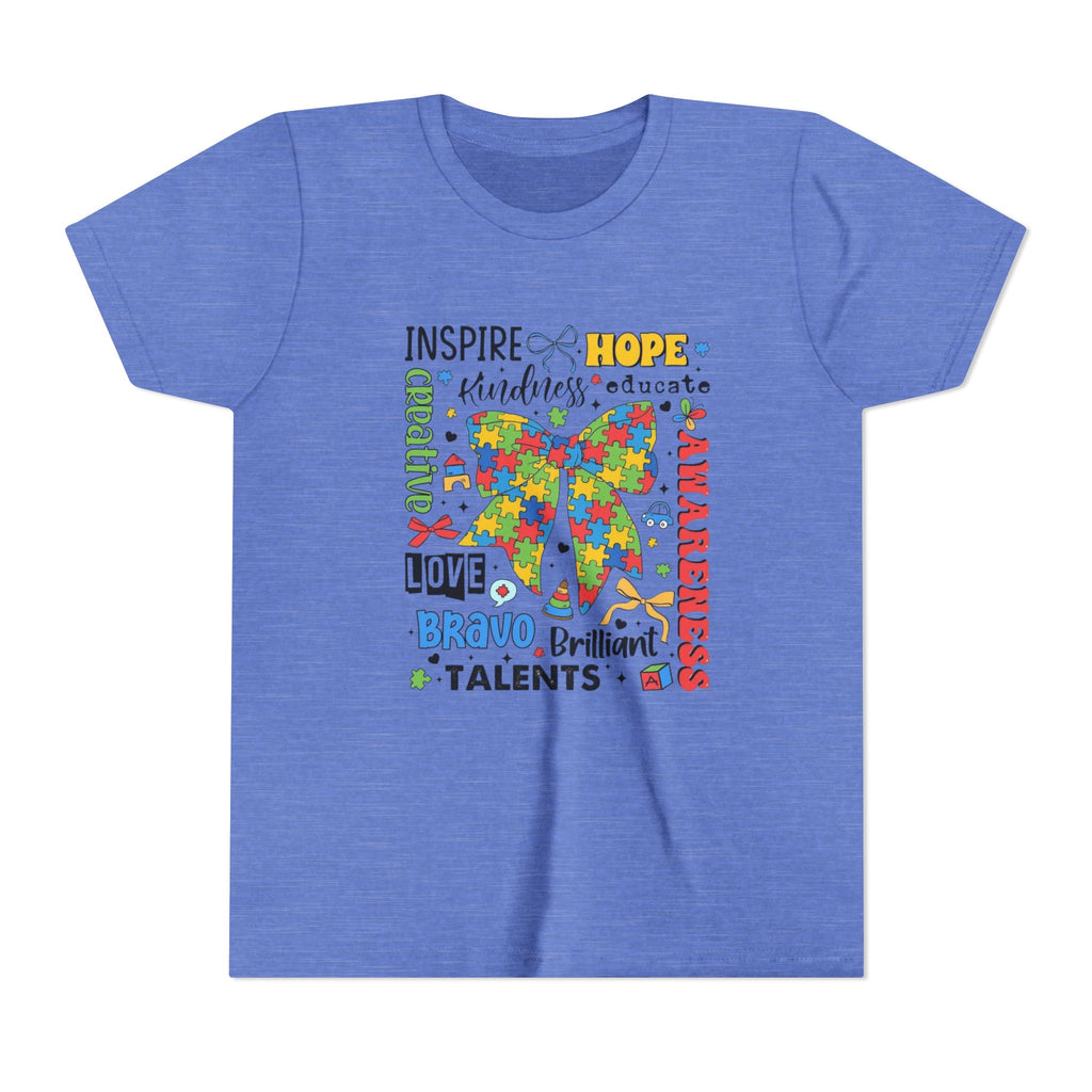 Youth Autism Awareness Tee — Colorful Puzzle Bow Design with Inspiring Words (Hope, Love, Inclusion)