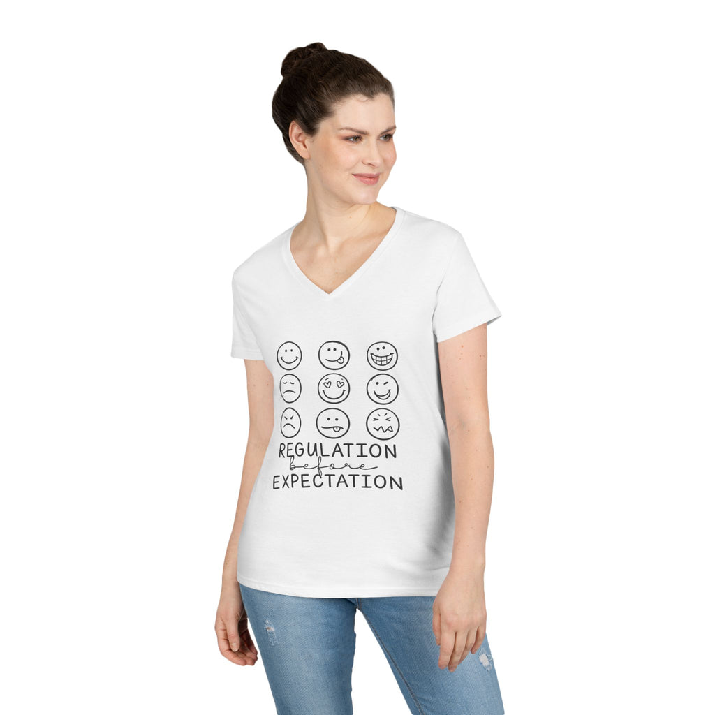 Emotion Faces V-Neck T-Shirt — "Regulation Not Expectation" Mental Health Tee