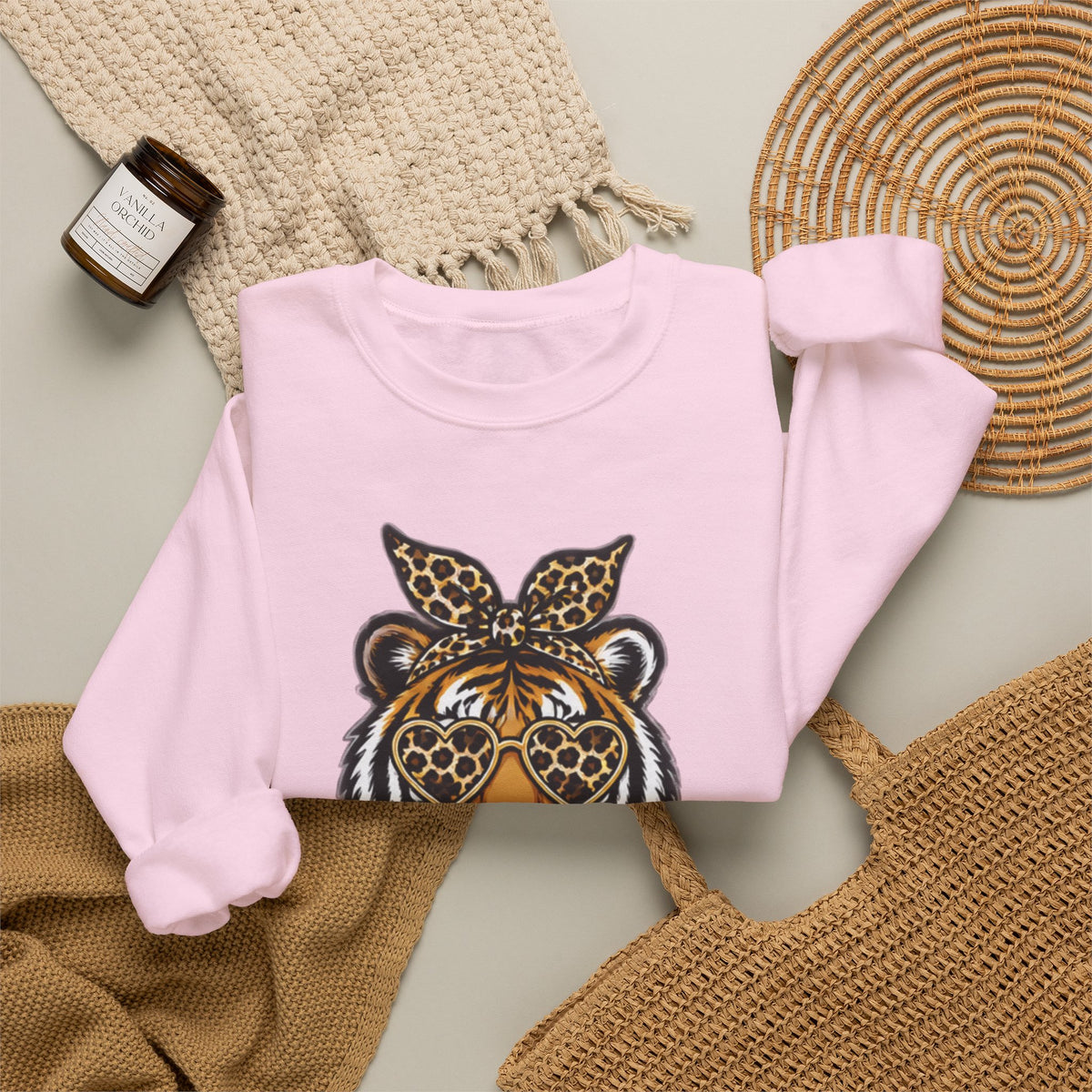 Tiger Mascot Crewneck Sweatshirt — Leopard Bandana Tiger Graphic