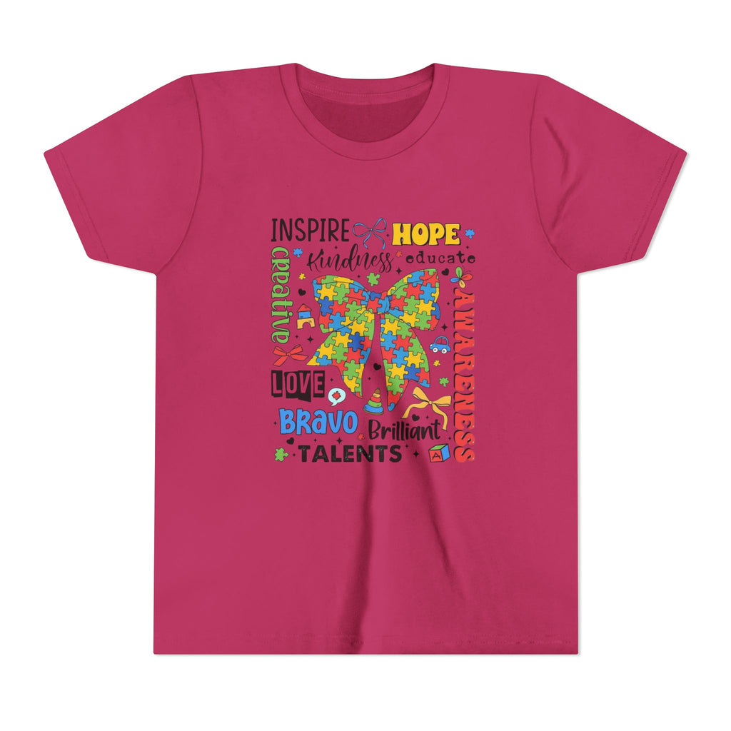 Youth Autism Awareness Tee — Colorful Puzzle Bow Design with Inspiring Words (Hope, Love, Inclusion)