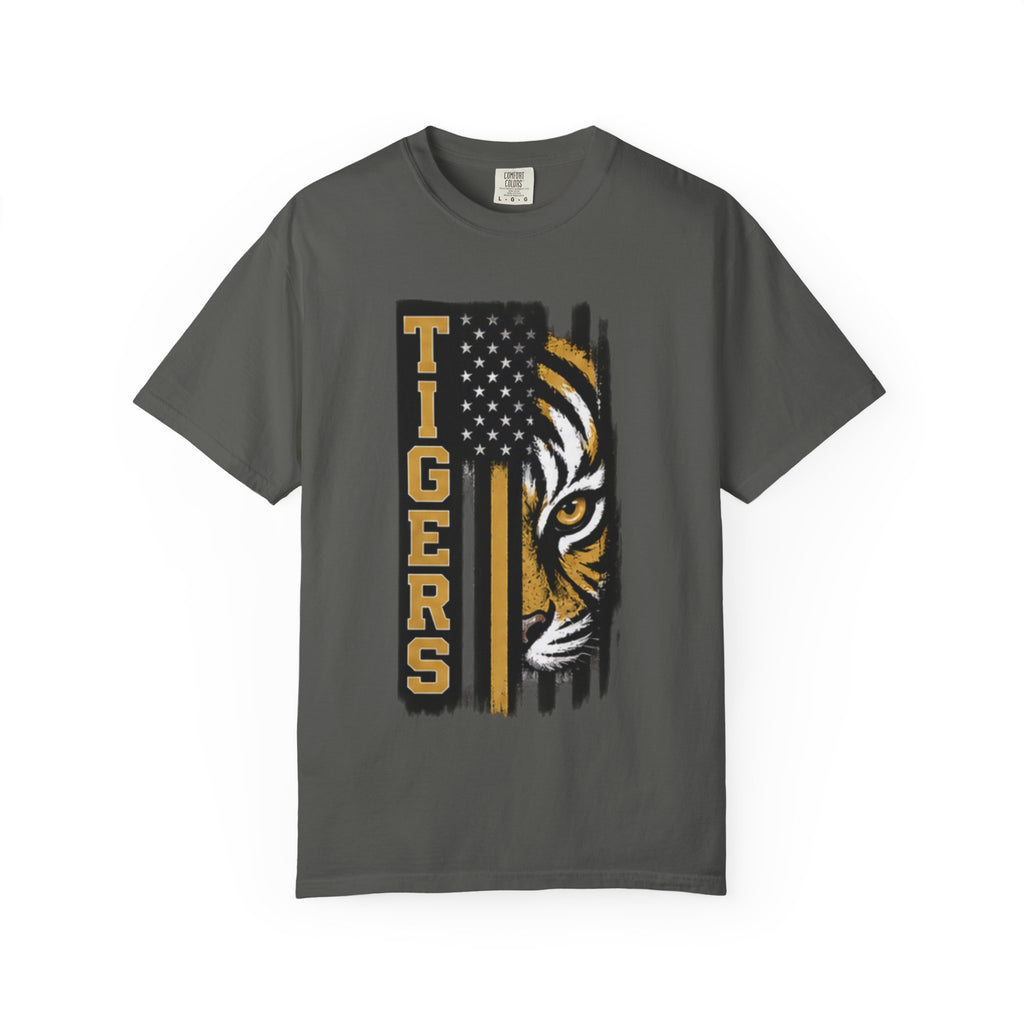 Tigers Flag T‑Shirt — Tiger Face with American Flag Stripe Graphic