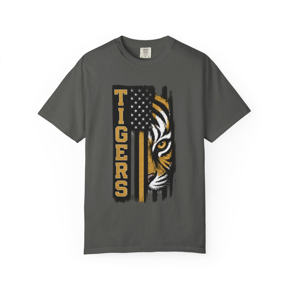 Tigers Flag T‑Shirt — Tiger Face with American Flag Stripe Graphic