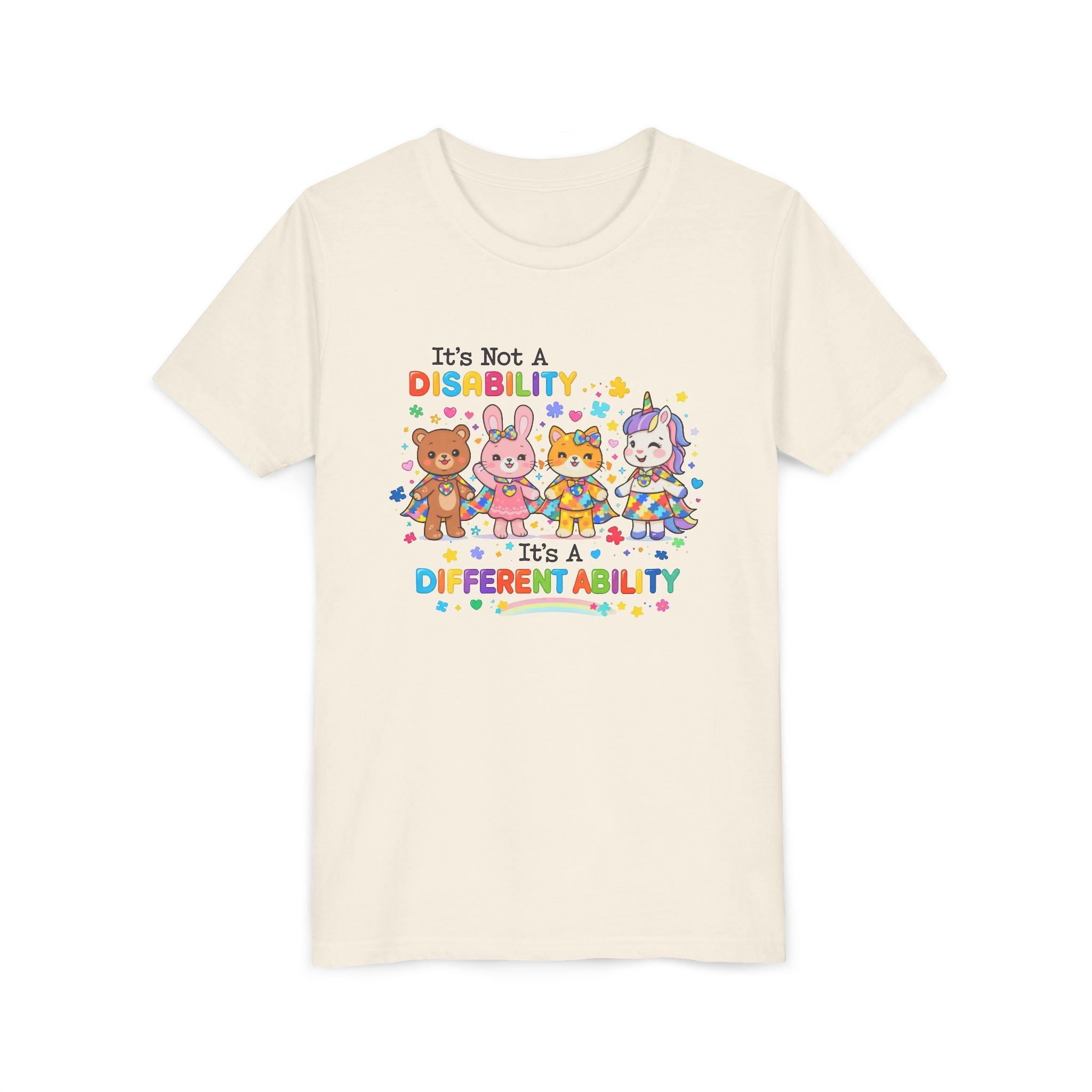 Youth Tee - "It's Not a Disability, It's a Different Ability" Rainbow Animals Autism Awareness Shirt