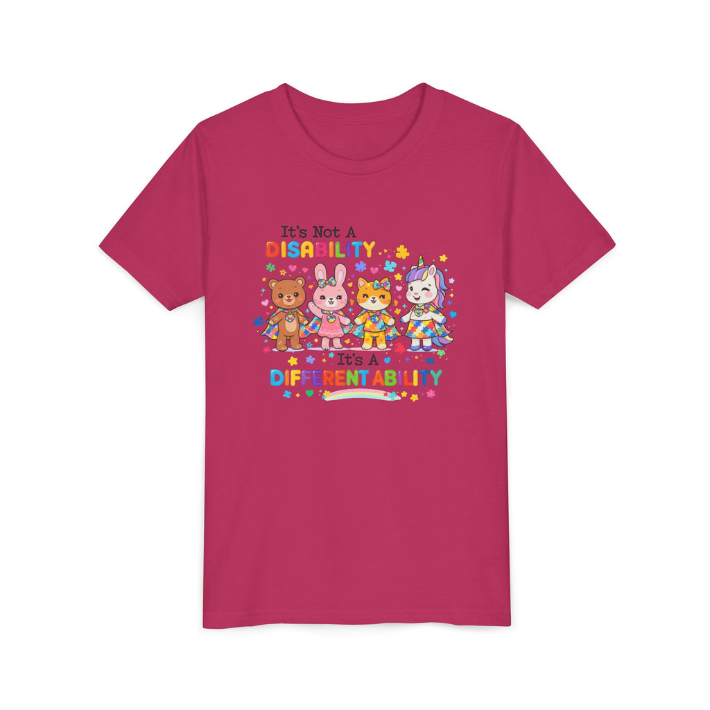 Youth Tee - "It's Not a Disability, It's a Different Ability" Rainbow Animals Autism Awareness Shirt