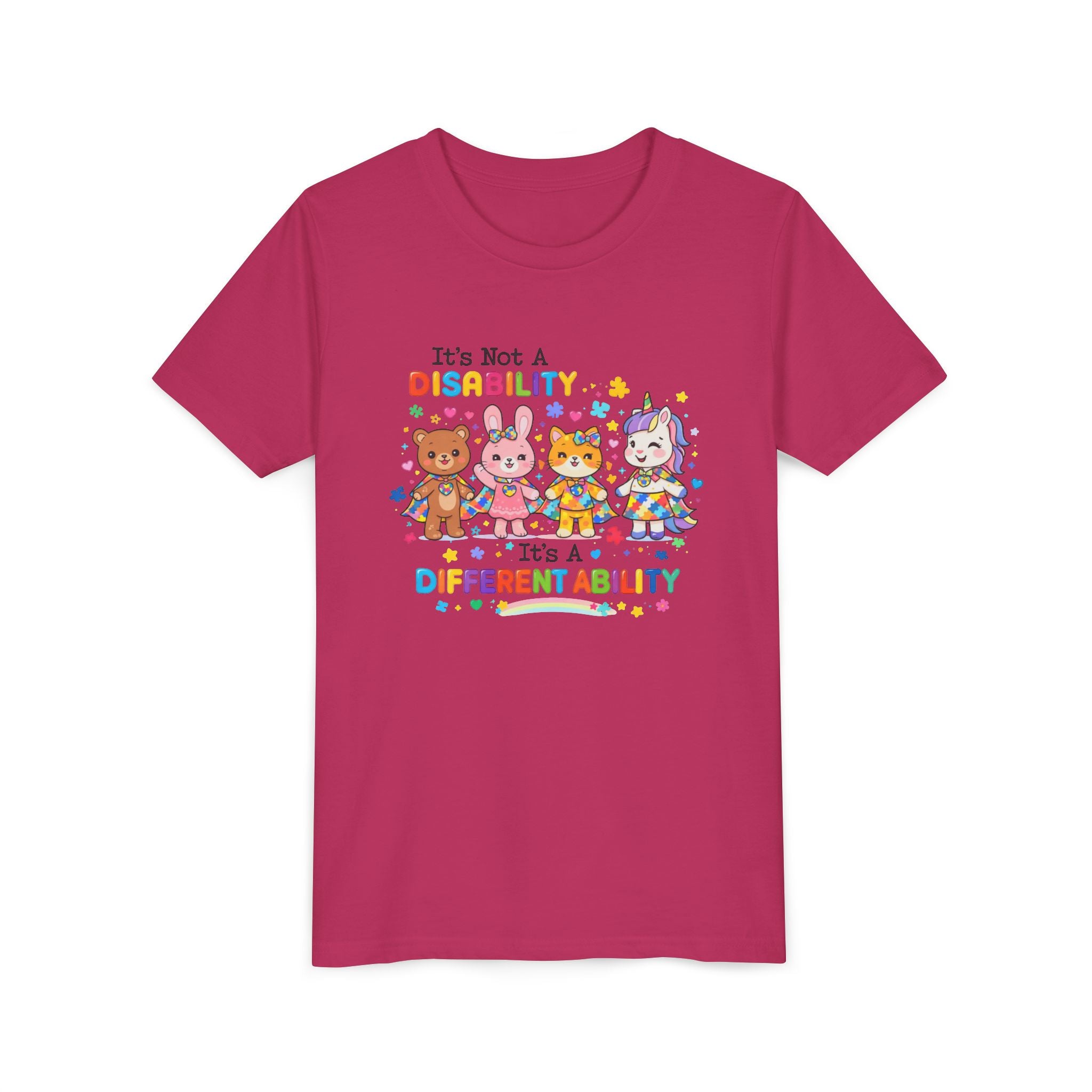 Youth Tee - "It's Not a Disability, It's a Different Ability" Rainbow Animals Autism Awareness Shirt