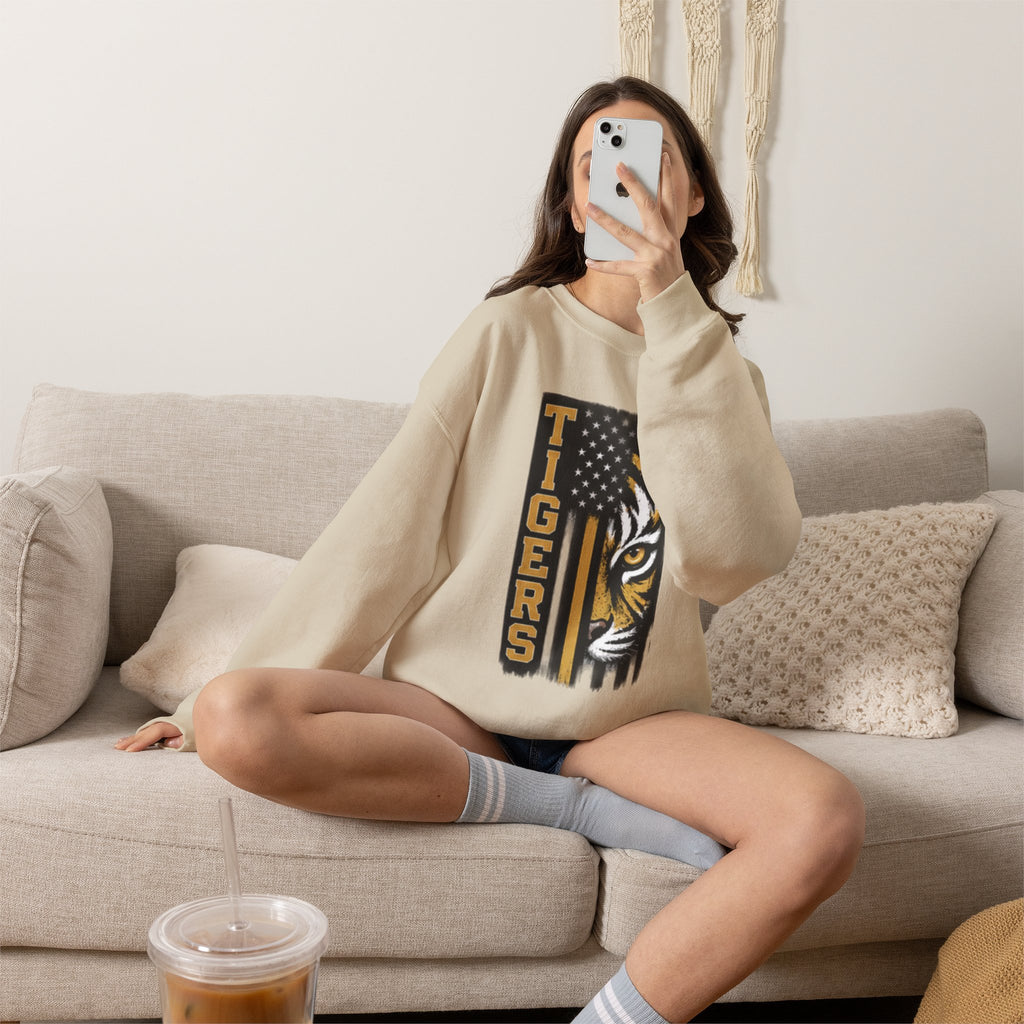 Tigers Crewneck Sweatshirt – Tiger Face with American Flag Stripe Graphic