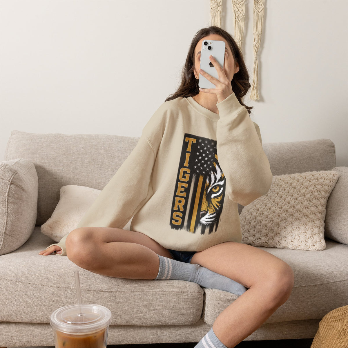 Tigers Crewneck Sweatshirt – Tiger Face with American Flag Stripe Graphic