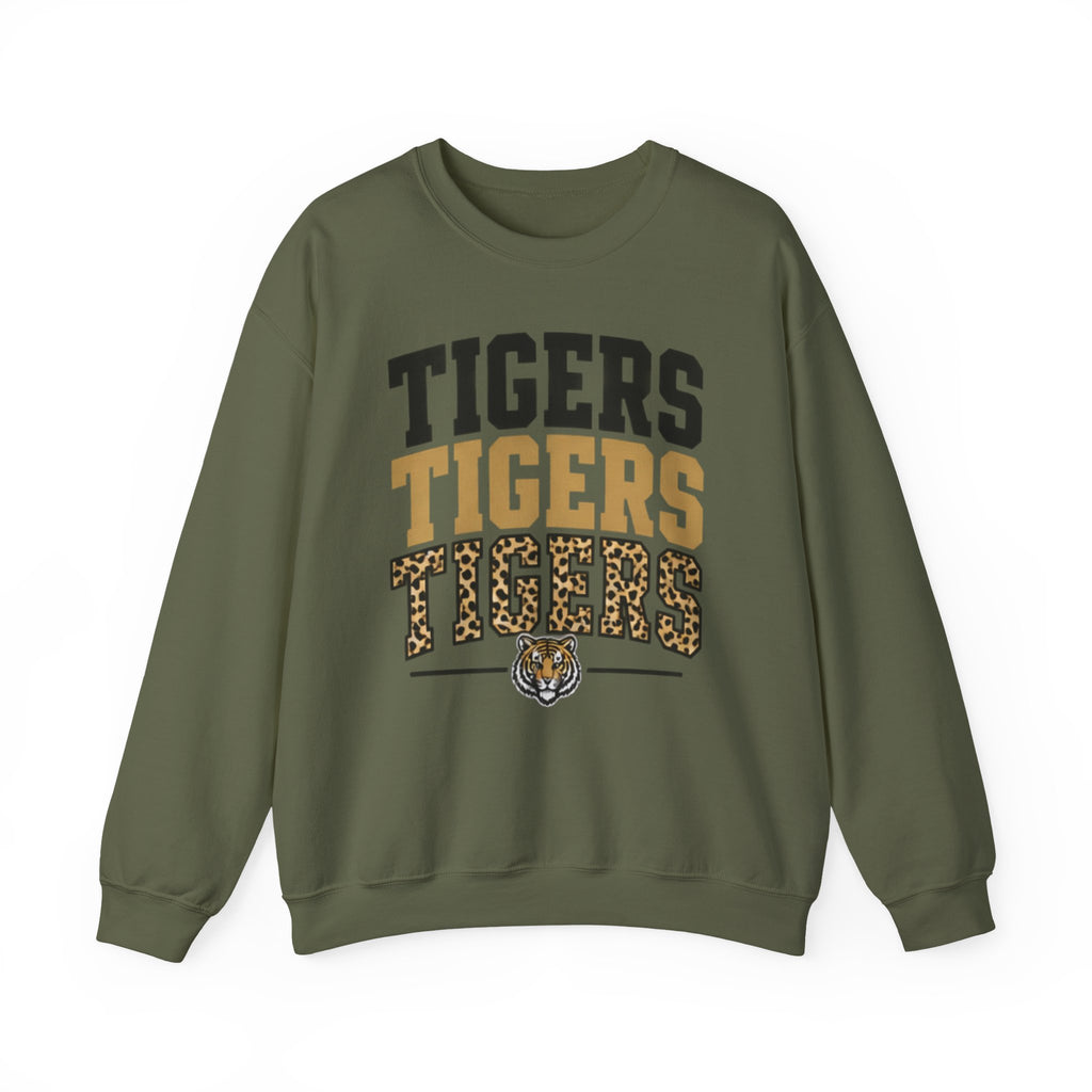 Tigers Repeat Crewneck Sweatshirt — Leopard Accent School Spirit Tee
