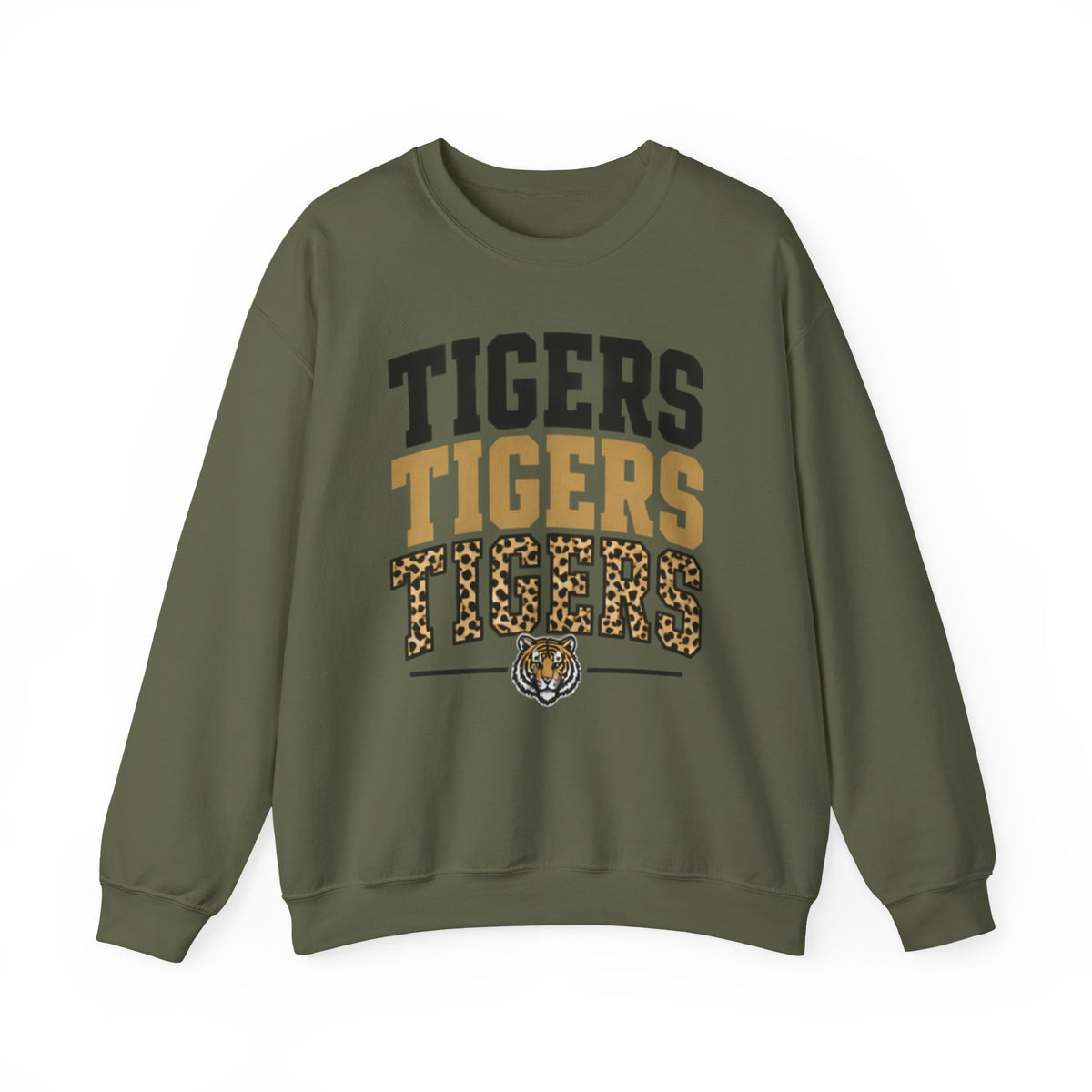 Tigers Repeat Crewneck Sweatshirt — Leopard Accent School Spirit Tee
