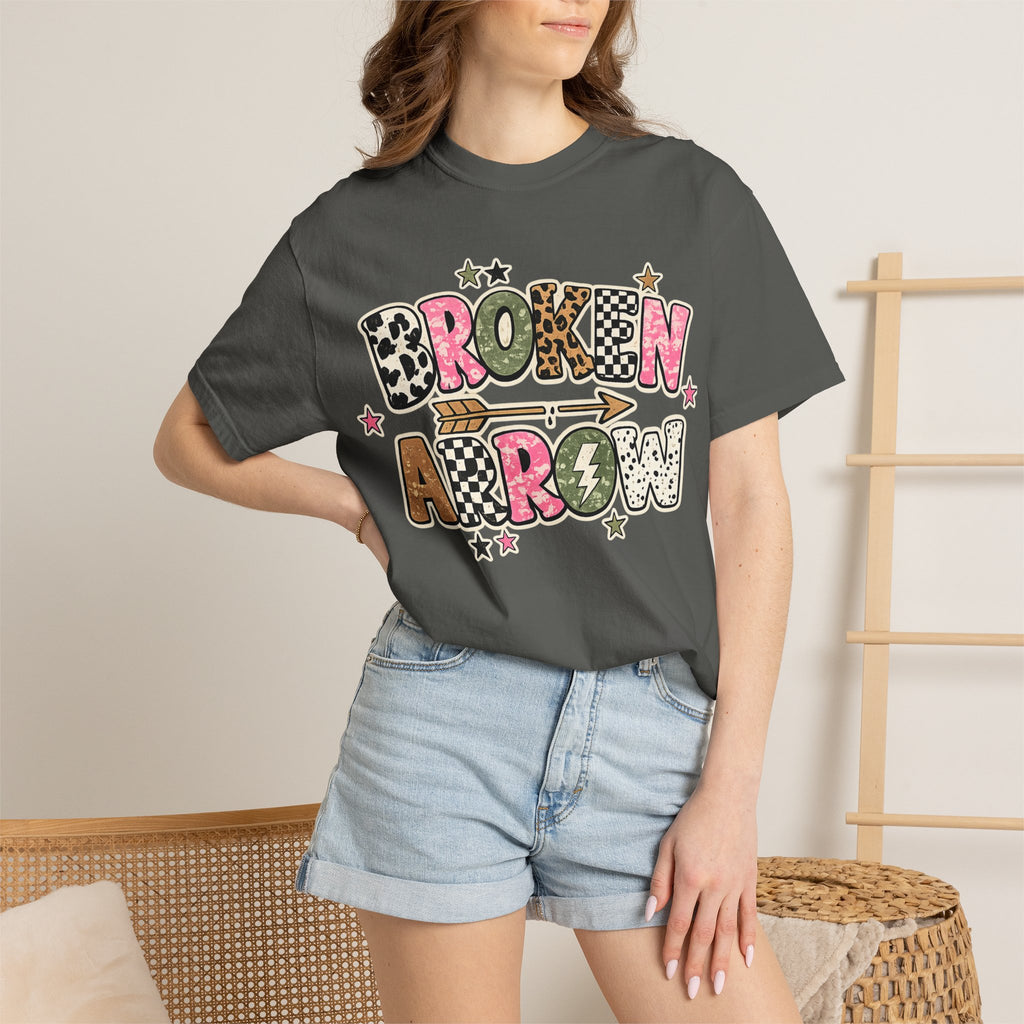 Broken Arrow Graphic T‑Shirt — Retro Patchwork Lettering Tee