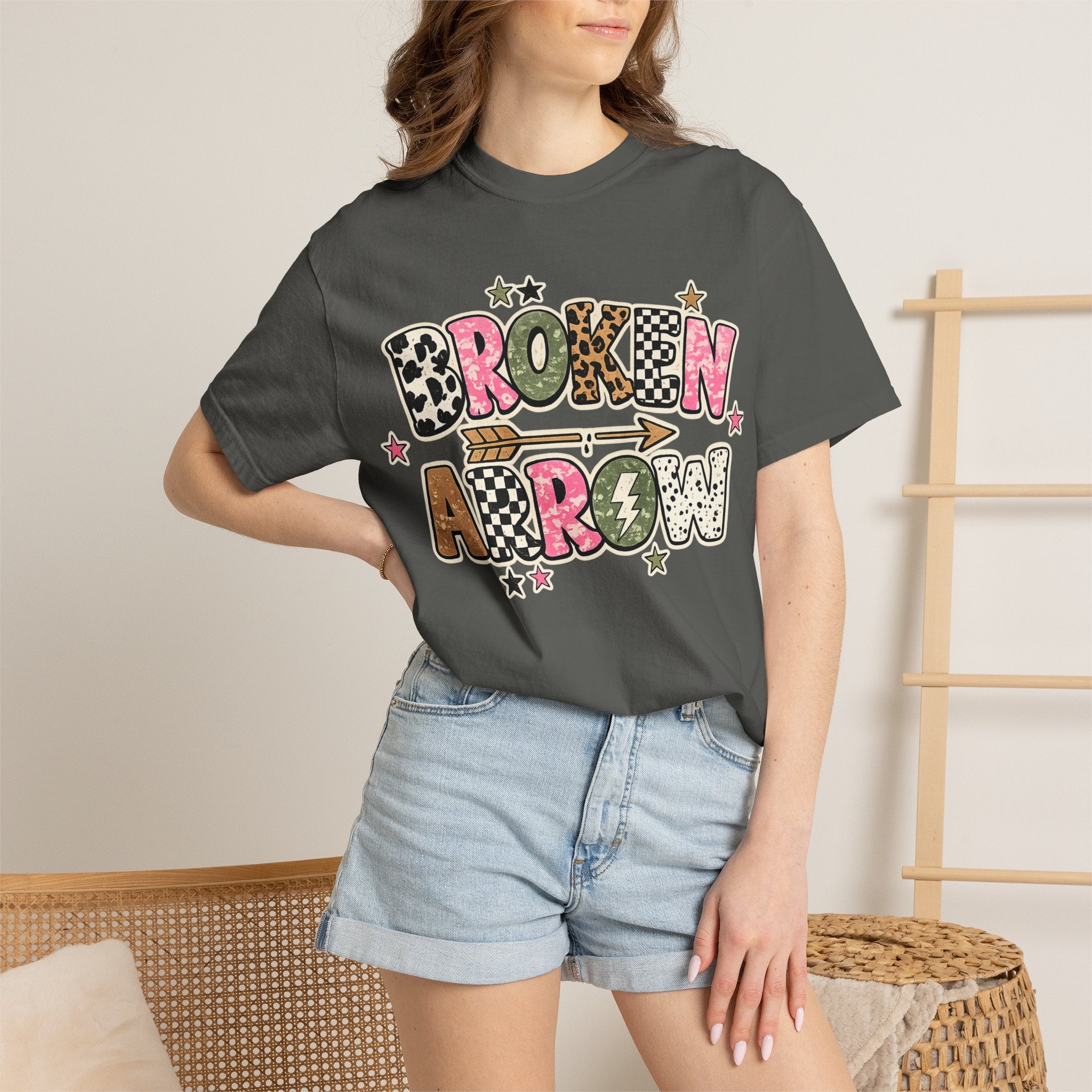 Broken Arrow Graphic T‑Shirt — Retro Patchwork Lettering Tee