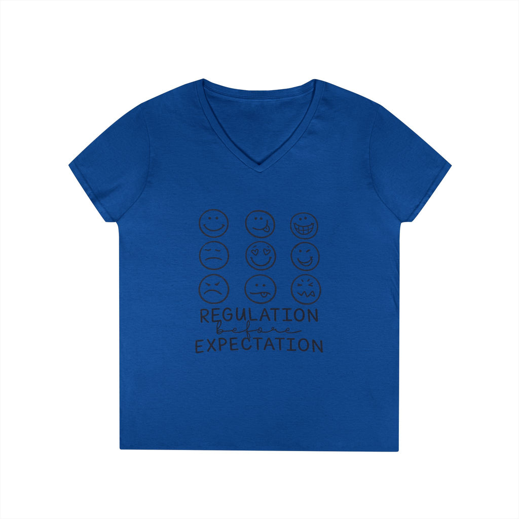 Emotion Faces V-Neck T-Shirt — "Regulation Not Expectation" Mental Health Tee