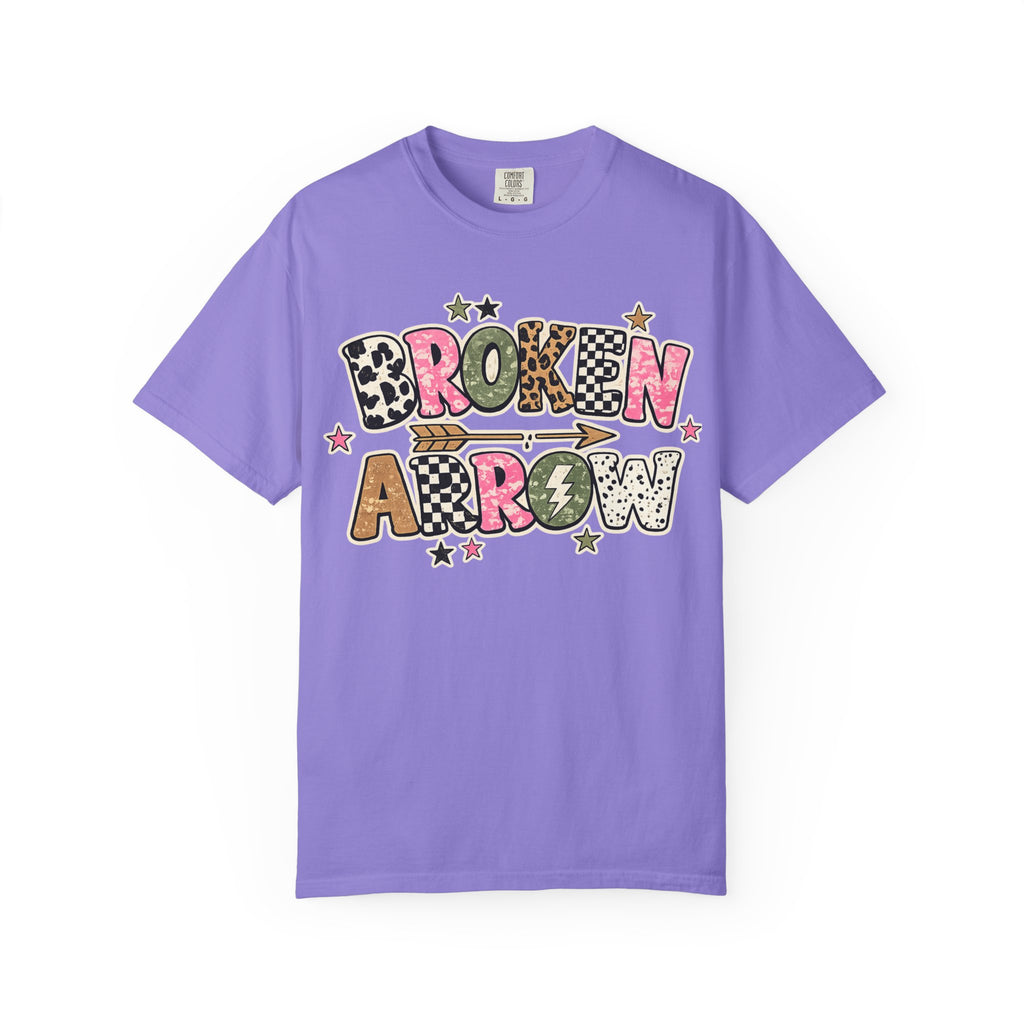 Broken Arrow Graphic T‑Shirt — Retro Patchwork Lettering Tee