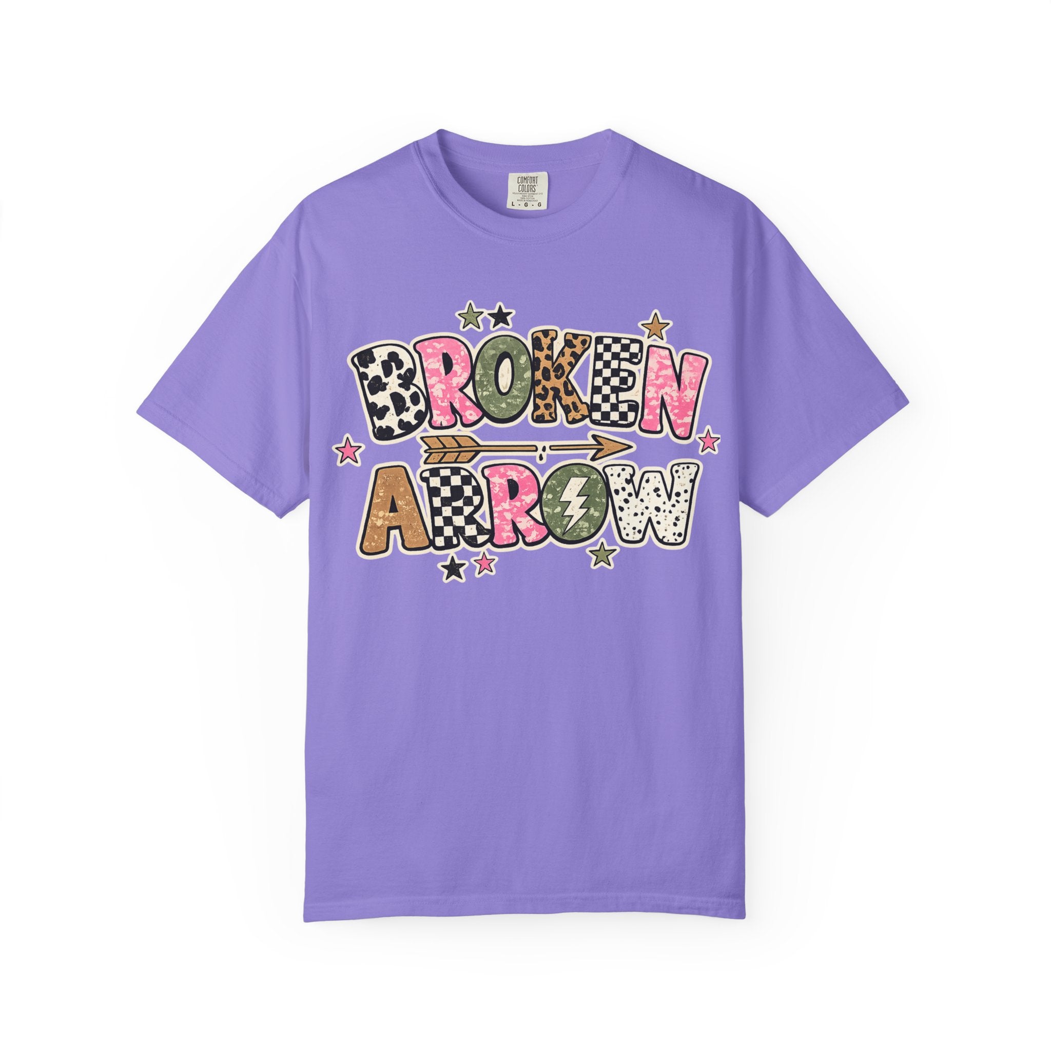 Broken Arrow Graphic T‑Shirt — Retro Patchwork Lettering Tee