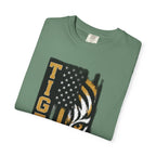 Tigers Flag T‑Shirt — Tiger Face with American Flag Stripe Graphic