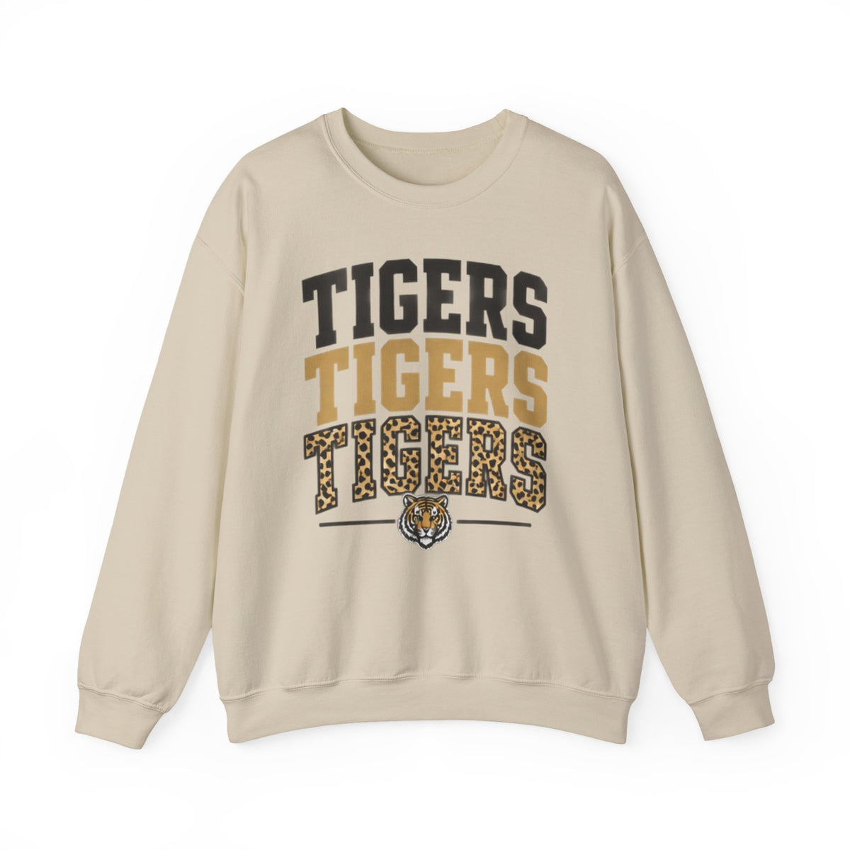 Tigers Repeat Crewneck Sweatshirt — Leopard Accent School Spirit Tee