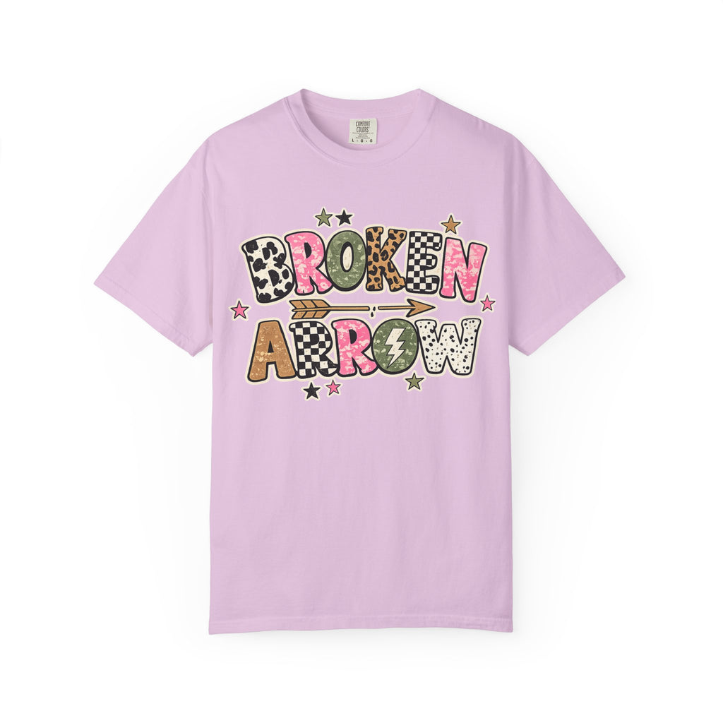 Broken Arrow Graphic T‑Shirt — Retro Patchwork Lettering Tee