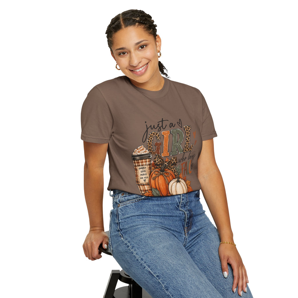 Fall Graphic T-Shirt — "Just a Girl Who Loves Fall" Pumpkin & Coffee Tee