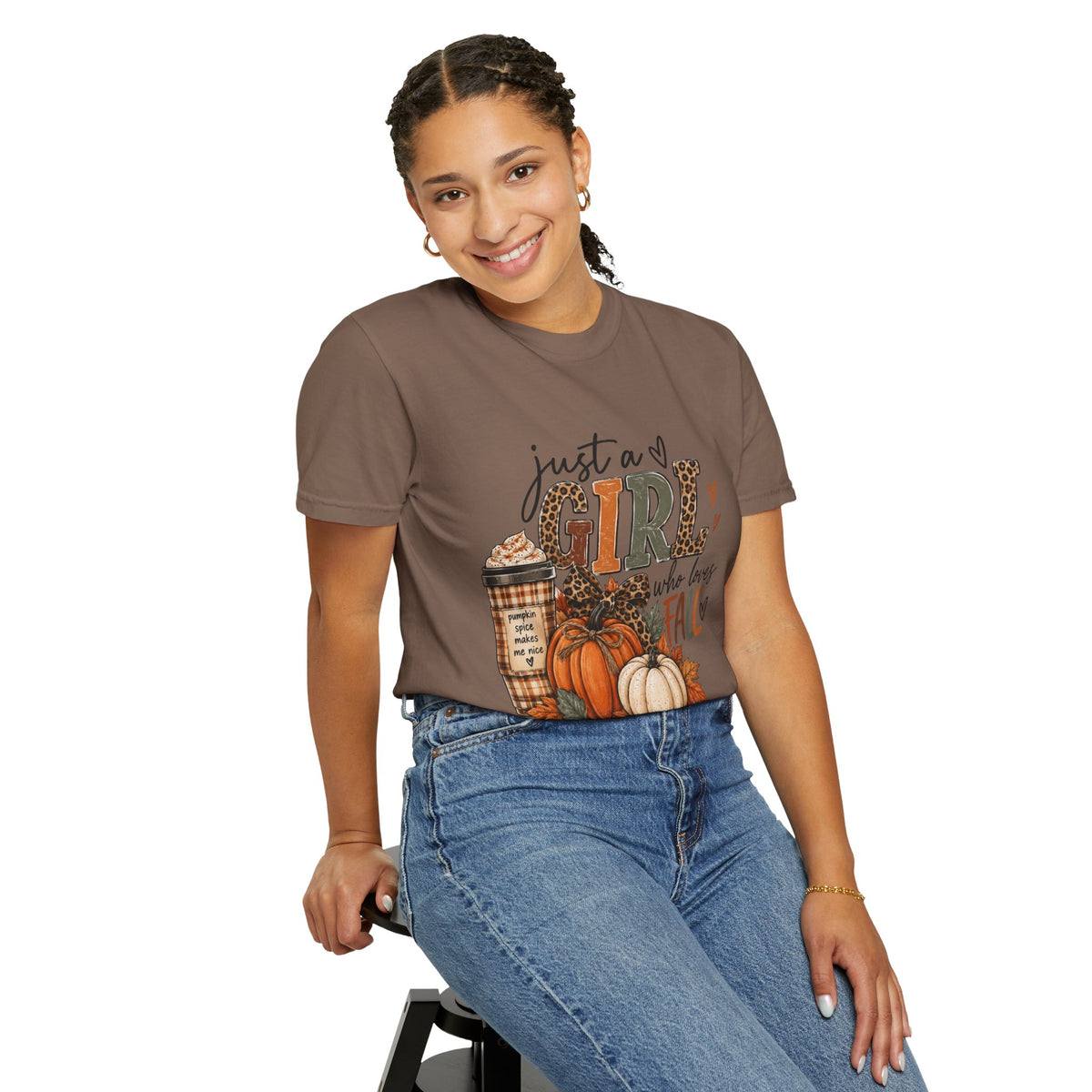 Fall Graphic T-Shirt — "Just a Girl Who Loves Fall" Pumpkin & Coffee Tee