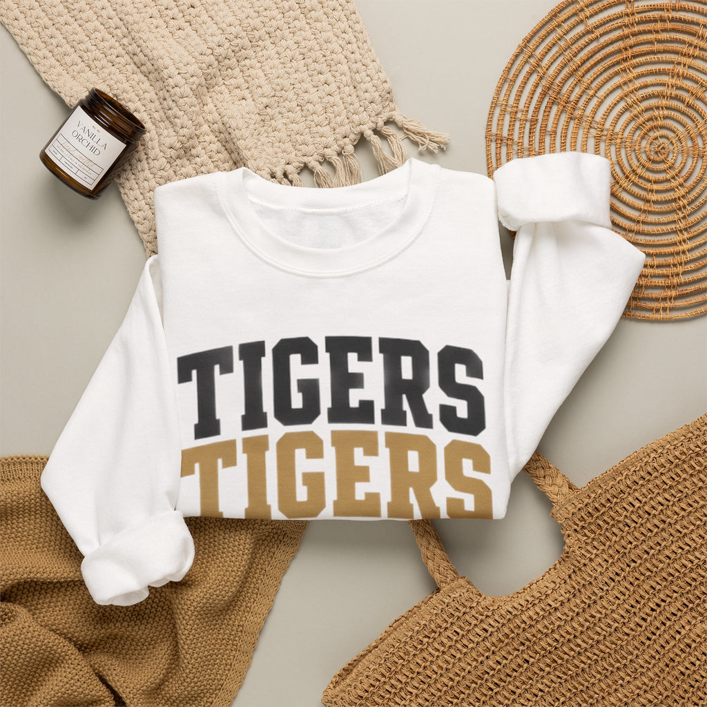 Tigers Repeat Crewneck Sweatshirt — Leopard Accent School Spirit Tee