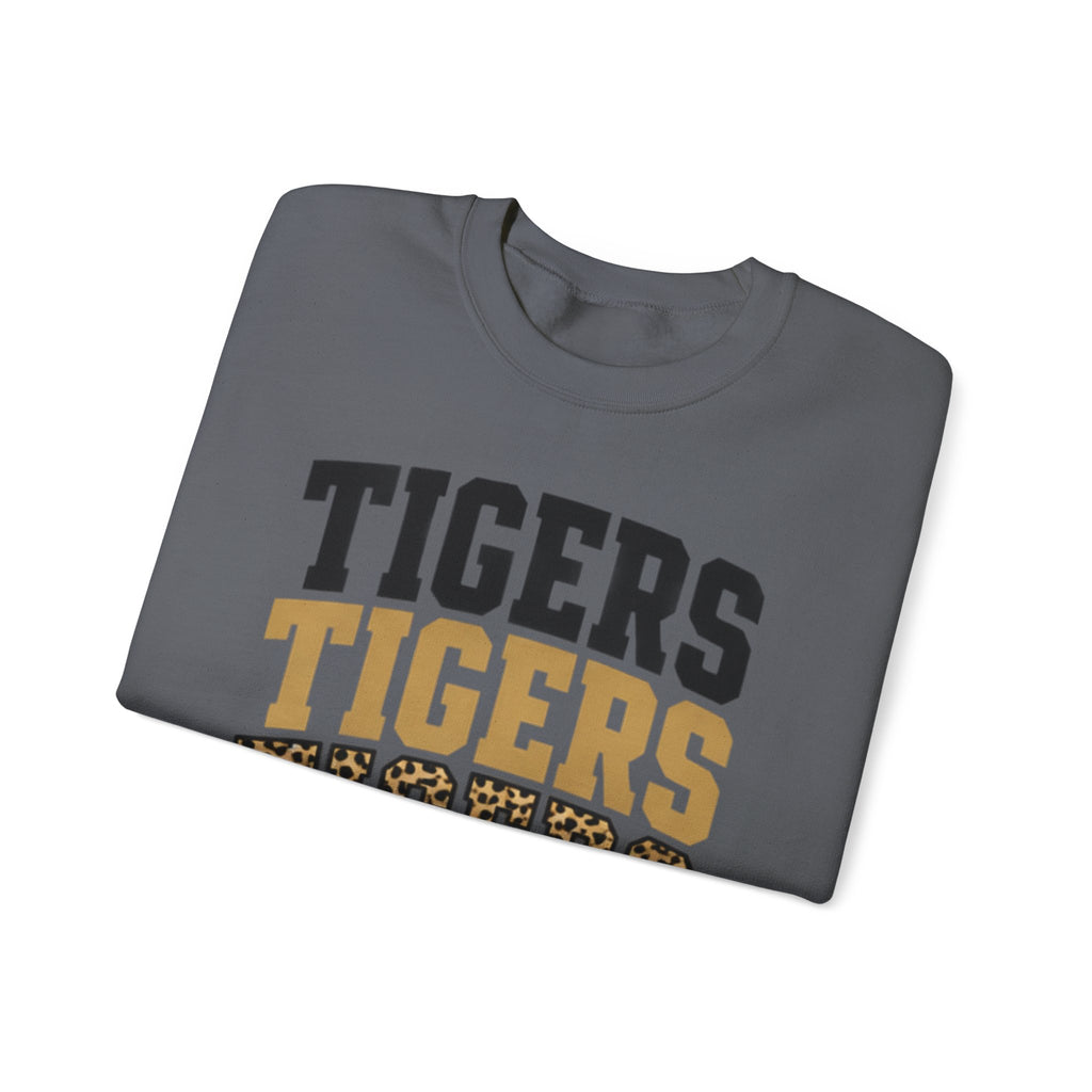 Tigers Repeat Crewneck Sweatshirt — Leopard Accent School Spirit Tee