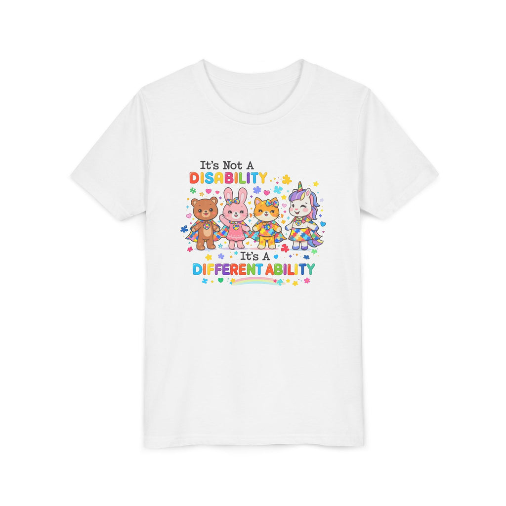 Youth Tee - "It's Not a Disability, It's a Different Ability" Rainbow Animals Autism Awareness Shirt