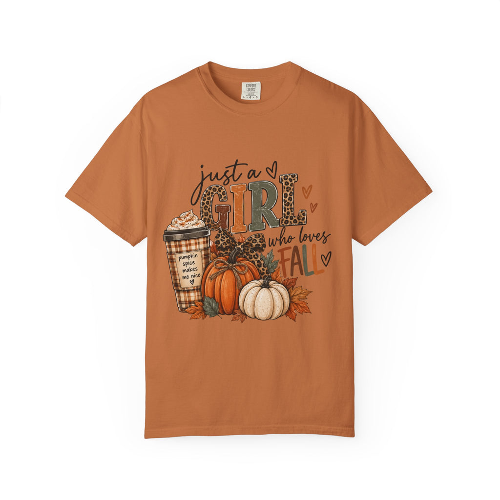 Fall Graphic T-Shirt — "Just a Girl Who Loves Fall" Pumpkin & Coffee Tee