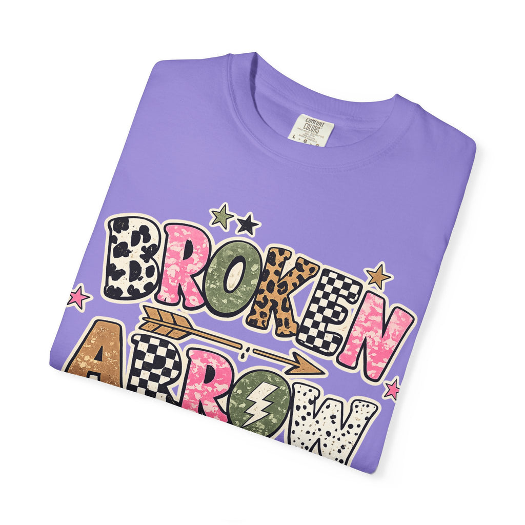 Broken Arrow Graphic T‑Shirt — Retro Patchwork Lettering Tee