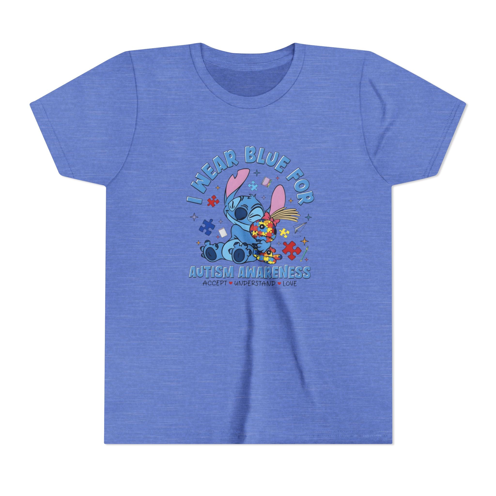 Youth Tee — "Wear Blue for Autism Awareness" Cute Stitch Puzzle-Heart Design