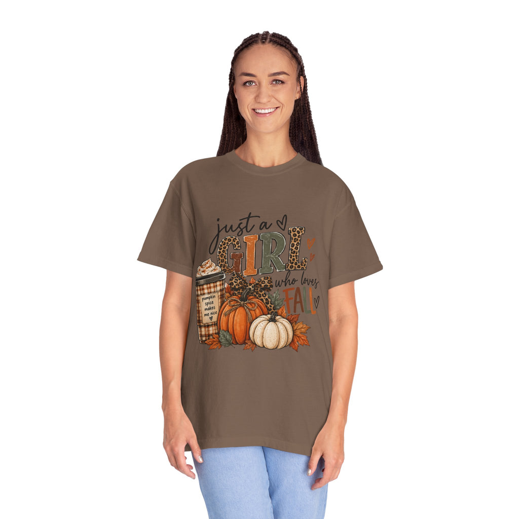 Fall Graphic T-Shirt — "Just a Girl Who Loves Fall" Pumpkin & Coffee Tee