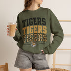 Tigers Repeat Crewneck Sweatshirt — Leopard Accent School Spirit Tee