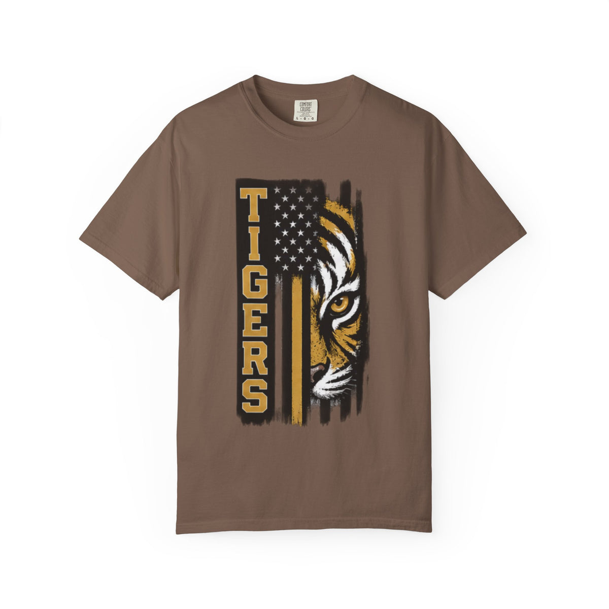 Tigers Flag T‑Shirt — Tiger Face with American Flag Stripe Graphic