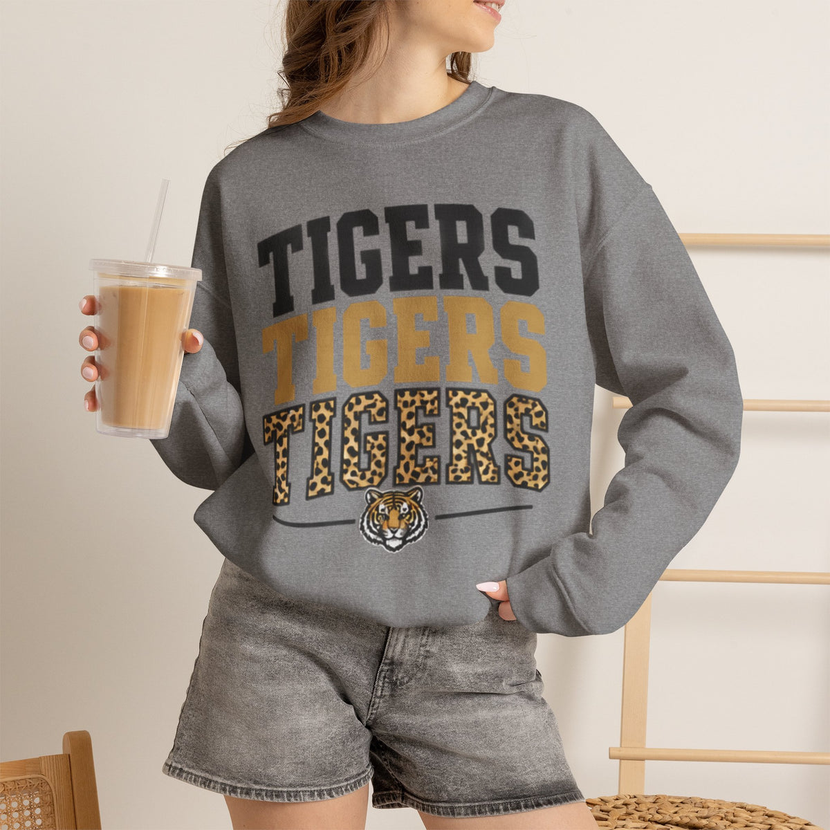 Tigers Repeat Crewneck Sweatshirt — Leopard Accent School Spirit Tee