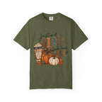 Fall Graphic T-Shirt — "Just a Girl Who Loves Fall" Pumpkin & Coffee Tee